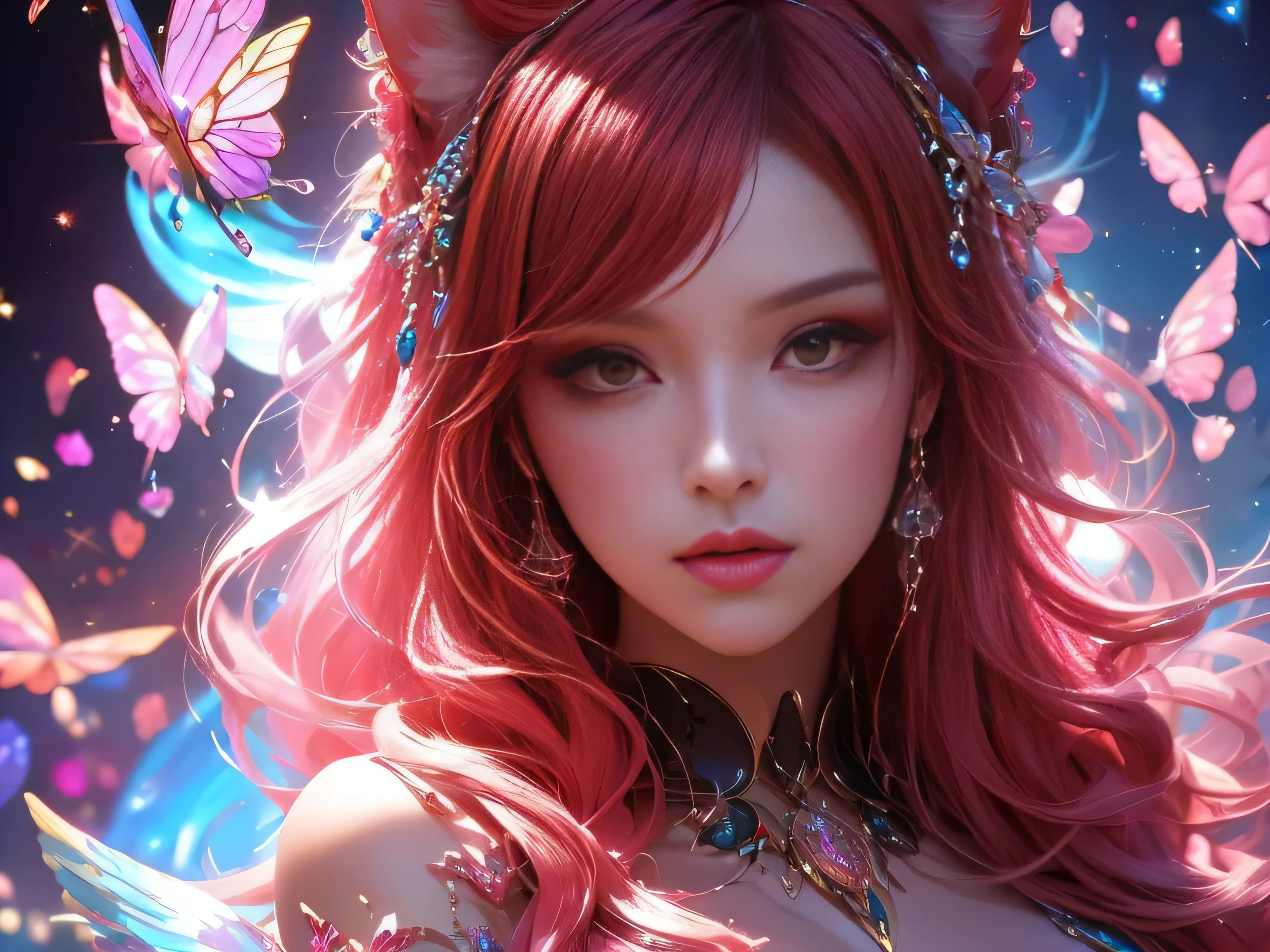 (Best Quality, 8K, Masterpiece, HDR, Soft Lighting, Picture Perfect, Realistic, Vivid), Cat Girl (1.0), Cat Girl with Red Hair and brown eyes and Sexy Revealing Clothes, Pink Bodysuit with Glitter Texture, Beautiful Anime Fantasy, Very beautiful and cute cat girl, large pink butterflies fly around, background blur, anime fantasy, work in Gouves style, realistic: 1.37, top view, red cat girl lies in blue flowers, large pink butterflies fly around, horizontal view, (Ultra High Quality Fantasy Art), Masterpiece, Female Model, Ultra High Quality Female Character Designs, Detailed 8k Anime Art, Realistic Anime Art, Highest Quality Wallpapers, Intricate Ultra High Quality Accurate Female Character Faces, High Quality Designs and Accurate Physics (Fantasy - Ultra High Quality) quality) quality)) art), dark fantasy style), masterpieces, super high-quality characters, anime resolution - 8K, realistic anime art, wallpaper with the highest quality illustrations, ultra-high detail of faces, high-quality design and accurate physics), color, depth of field, shadows, ray tracing, high quality workmanship. -high quality and 8K resolution, (Accurate simulation of the interaction of light and materials)], [High-quality hair detail [More about beautiful and shiny red hair]], (Beautifully detailed hands [perfect fingers [Perfect nails]]], (perfect anatomy (perfect proportions)))) [[Full-length]], [Perfect combination of colors (Accurate imitation of the interaction of light and material)], [art that conveys the meaning of the story](modified)