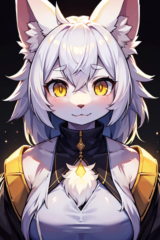 the debt, furry, White fur, face very close to the viewer, beautiful yellow eyes, very pretty face, Very detailed, beautiful lights, dark background