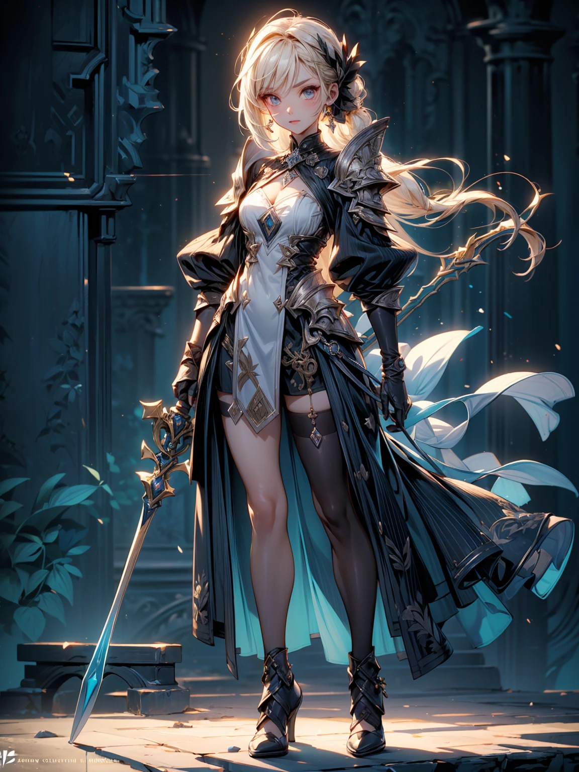 Design a layout showcase Gaming character, (1girl). Golden+Purle clothes, stylish and unique, ((showcase weapon:1.4)), magic staff, (masterpiece:1.2), (best quality), 4k, ultra-detailed, (Step by step design, layout art:1.5), (luminous lighting, atmospheric lighting), magican, ((glove full hands)), (((revealing clothes:1.3))), vambraces, armored legwear, (((full_body_shot:1.4)))
