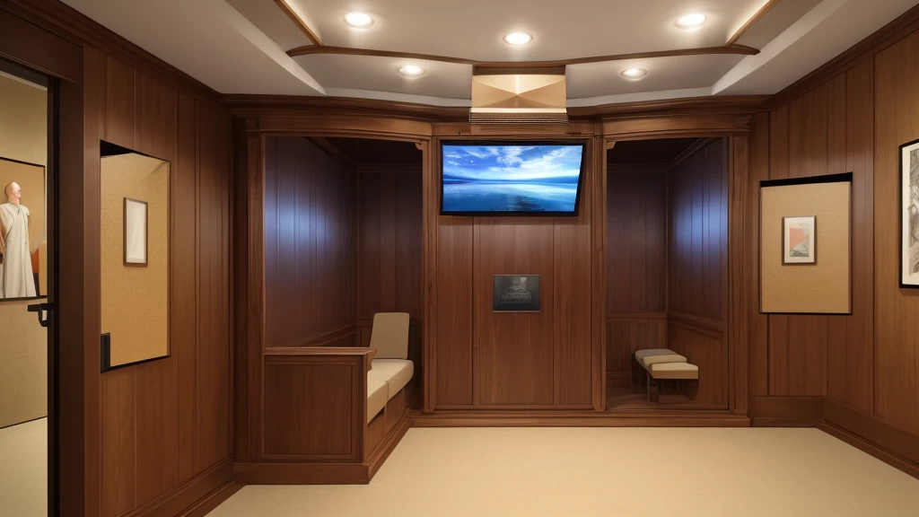 A small and simple confession room, (best quality,4k,8k,highres,masterpiece:1.2),ultra-detailed,(realistic,photorealistic,photo-realistic:1.37), HDR, UHD, studio lighting, ultra-fine painting, sharp focus, physically-based rendering, extreme detail description, professional, vivid colors, bokeh, interior, intimate, warm lighting, wooden furniture, religious iconography, confessional booth