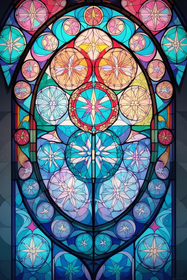 2D Stained Glass soft,pastel colors,whale in window frame. dungeons and dragons art. symmetrical design, in the style of stained glass. Digital stained glass style. pastel color scheme