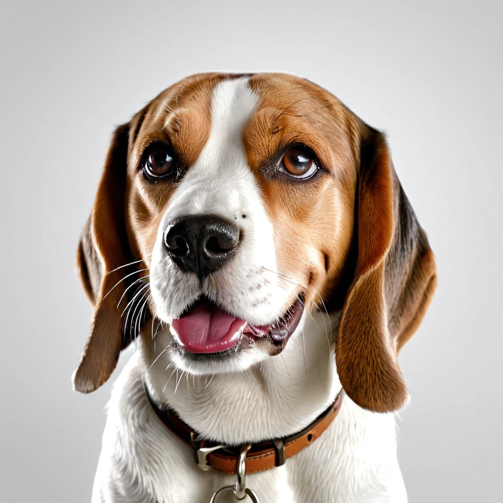 masterpiece, ultra realistic, UHD, 4k, a picture of a happy beagle dog face, white background