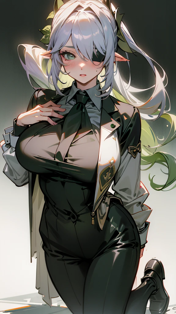 (Surreal), (Illustration), (High resolution), (in 8K), (Extreme Detail), (Best Illustration), (beautiful detail), (Best Quality), (masuter piece), (Wallpaper), ( Detailed face)、poneyTai、an eye patch、Black shirt、pant suit、neck tie、deacon、Wear less revealing clothing、full body Esbian、Realistic fantasy rendering, Realistic anime girl rendering, Full body portrait, (Big Breast: 1.4) popular in CGSTATION, wlop. 4K、highlight in eyes、Night background