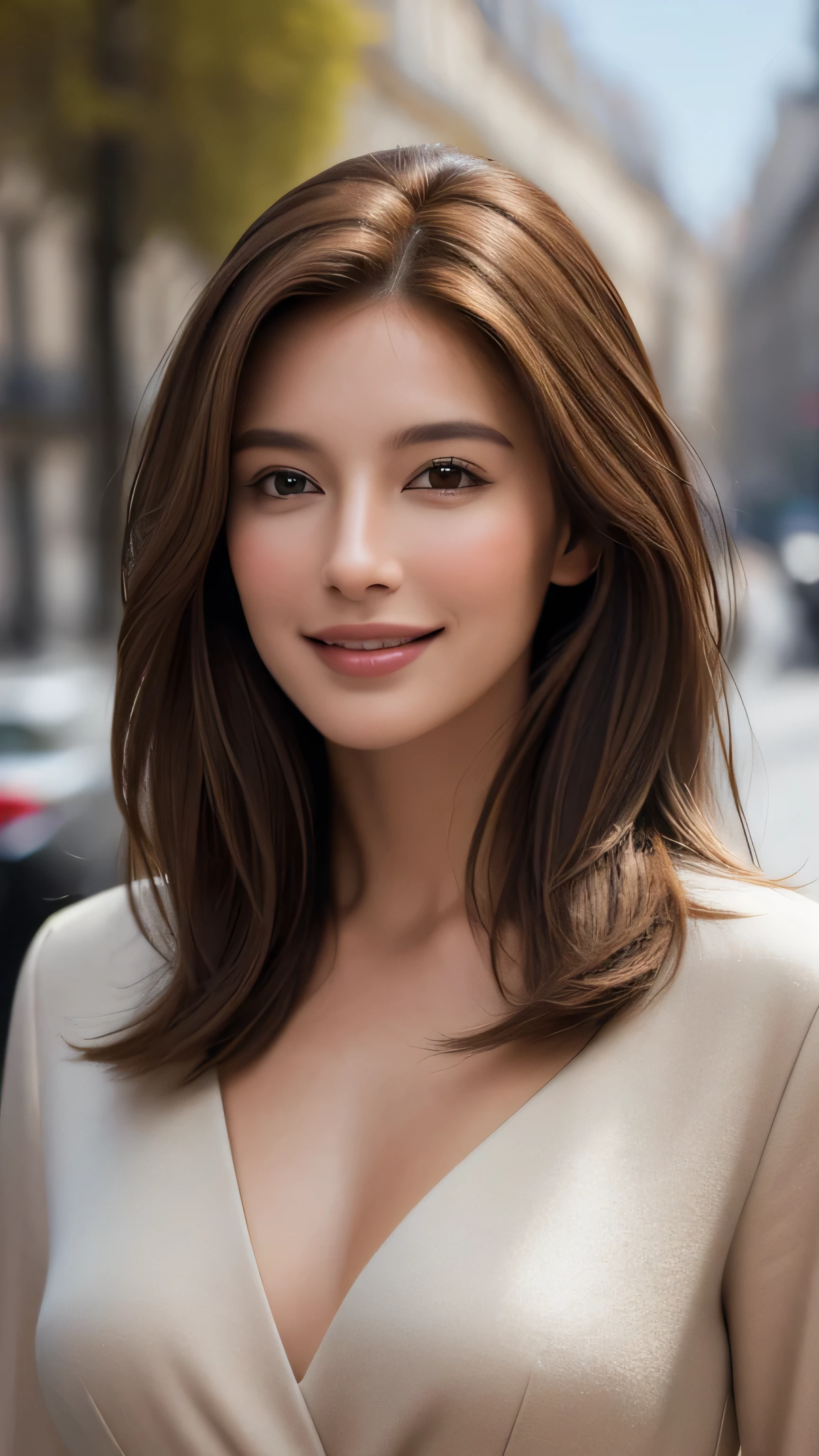 masterpiece, Highest quality, Realistic, Super detailed, In detail, High resolution, 8k wallpaper, One beautiful woman, Light brown hair, Sharp focus, Perfect dynamic composition, Beautiful attention to detail, Fine hair, Detailed and realistic skin texture, smile, Portraiture, Model Body Type, Take a stroll through Paris,