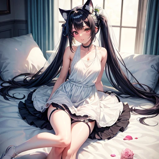 girl, Wearing a wedding dress, White Wedding Dress, Full body painting, slim, Long legs　Dark blue hair girl, Cat ears and tail, Wearing a tank top and racing pants.　Loli body type　　Twin tails　Female genitalia is visible　　Detailed depiction of female genitalia　Flat Chest　Stern expression　With legs apart