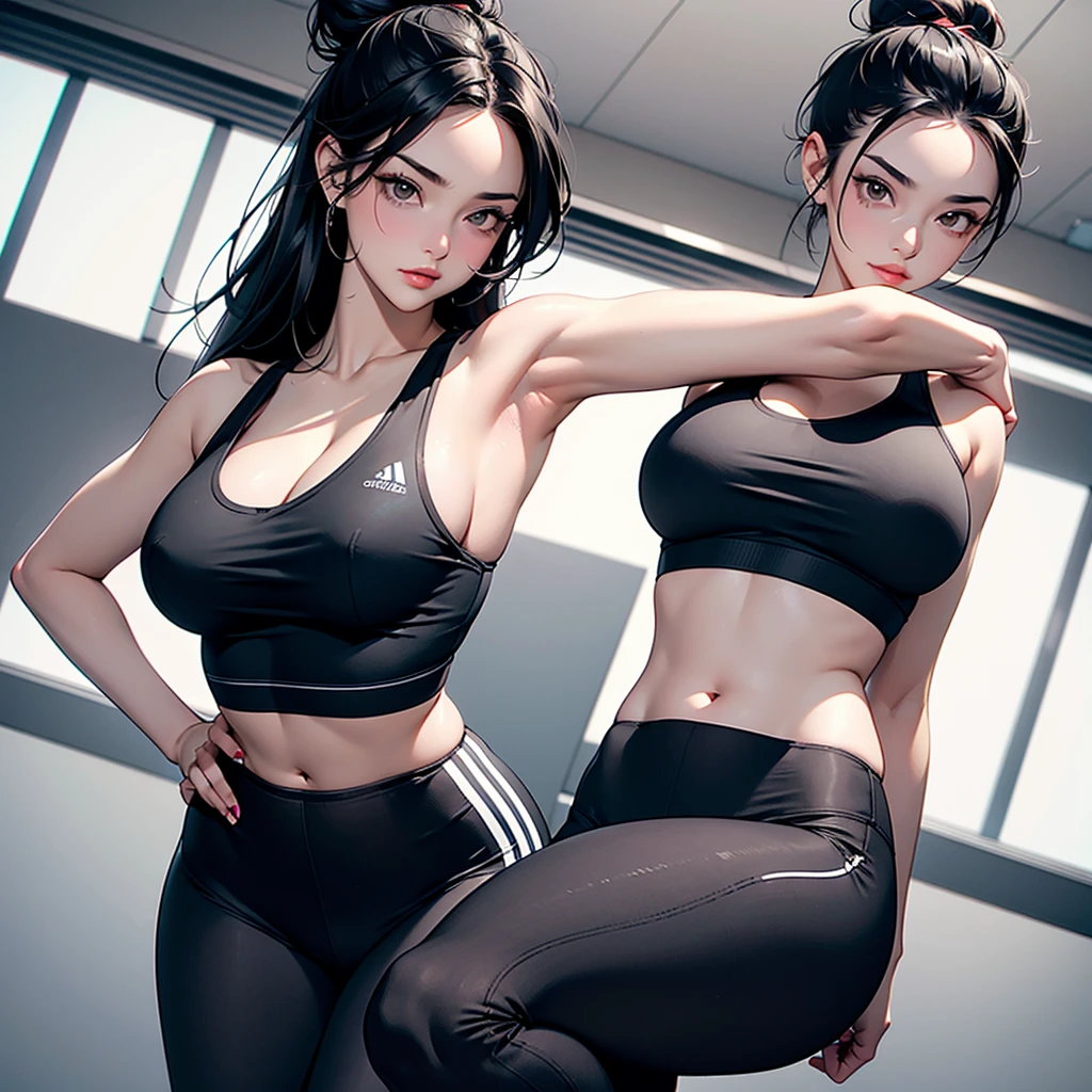 "Create a highly detailed and vibrant image of a lonely young woman with a sophisticated, adult-oriented appeal. She has long black hair and a high, sleek bun. She is dressed in a stylish, athletic outfit featuring white Adidas workout leggings with iconic three red stripes running down the sides Your top can be a tight sports bra, medium breasts and thick thighs, complementing your sporty look should be a gym environment, with dynamic lighting that highlights your athletic and elegant constitution.