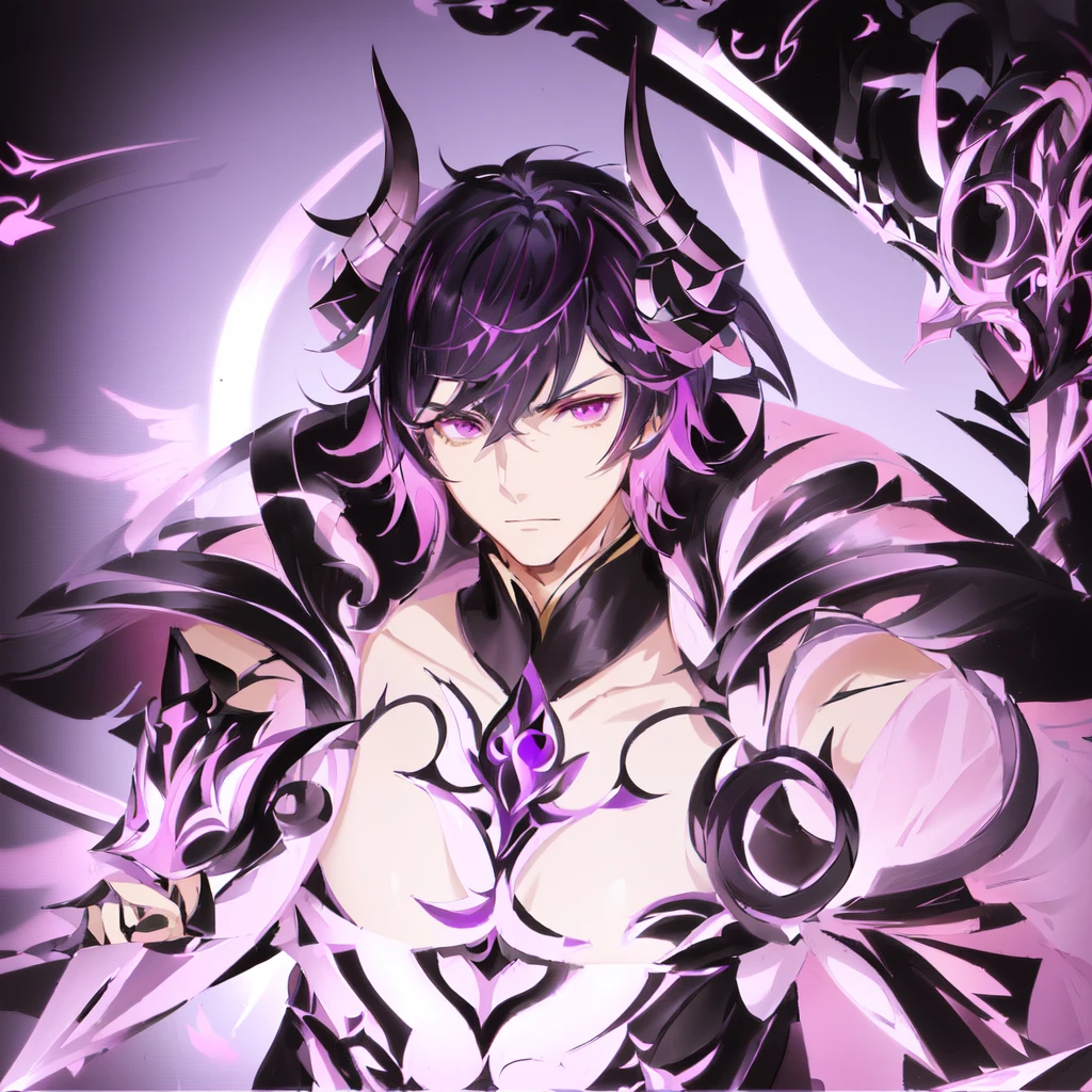 Anime character with violet black hair and pink eyes holding a sword, the former demon king, Beautiful male god of death, genshin impact zhongli, genshin impact character, male demon, Retrato onmyoji, anime key art, Evil and devious male, detailed anime key art, héroe 2 d fanart artstation,