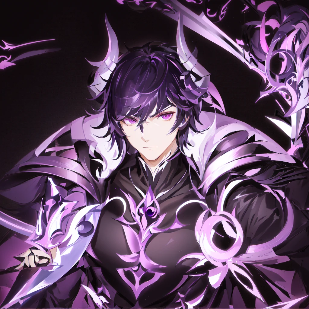 Anime character with violet black hair and pink eyes holding a sword, the former demon king, Beautiful male god of death, genshin impact zhongli, genshin impact character, male demon, Retrato onmyoji, anime key art, Evil and devious male, detailed anime key art, héroe 2 d fanart artstation,