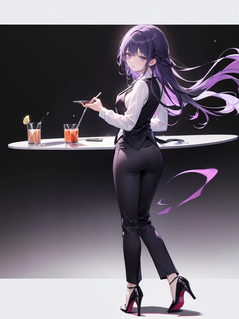 purple,(((long hair))),woman,bartender,vest,shirt,tie,pants,high heels,all,simple background,smile,whole body,full body,full body,Standing picture,vtuber,upright,,look forward to,body facing forward