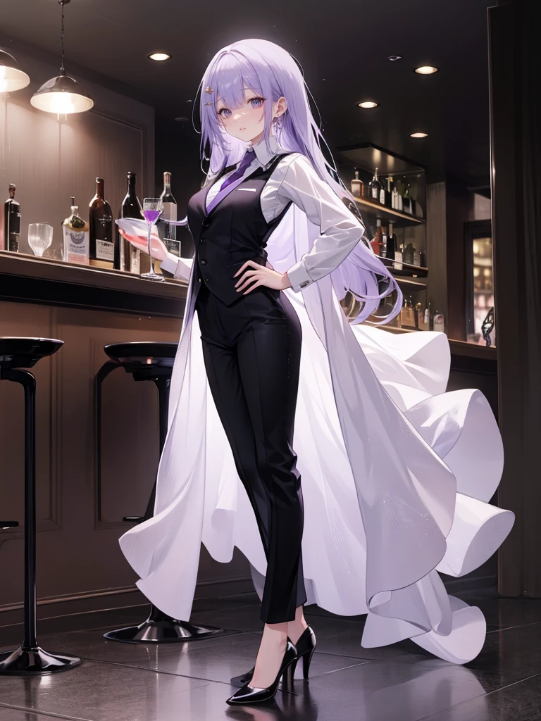purple,(((long hair))),woman,bartender,vest,shirt,tie,pants,high heels,all,simple background,smile,whole body,full body,full body,Standing picture,vtuber,upright,,look forward to,body facing forward