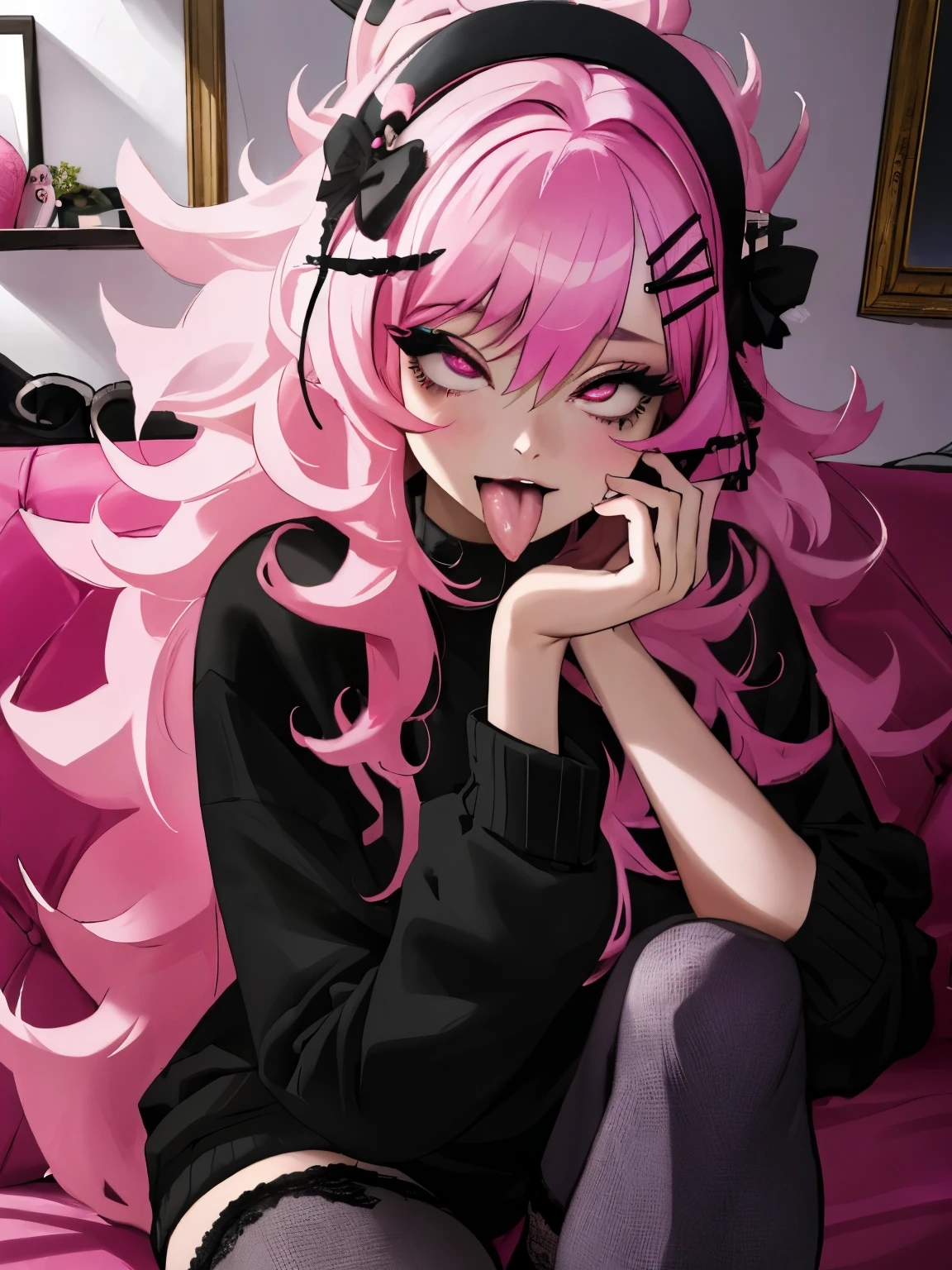 masterpiece, best quality,realistic,absurdres,1girl,looking at viewer, tongue, ahg, ahegao, living room, skinny, poofy hair, eyeliner, emo, goth, bright pink hair, head ornament, stockings, skinny, pink lighting, black sweater, pink eyes