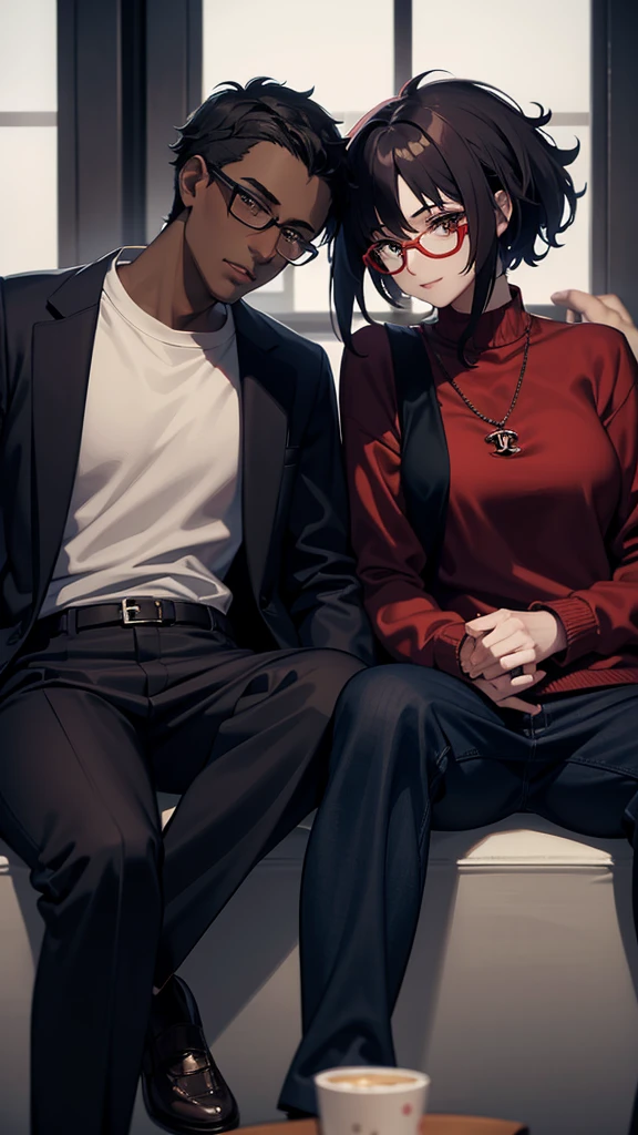 with red over-the-shoulder Chanel hair who wears glasses and baggy clothes and a dark-skinned male friend who wears glasses, with casual clothes, They're together