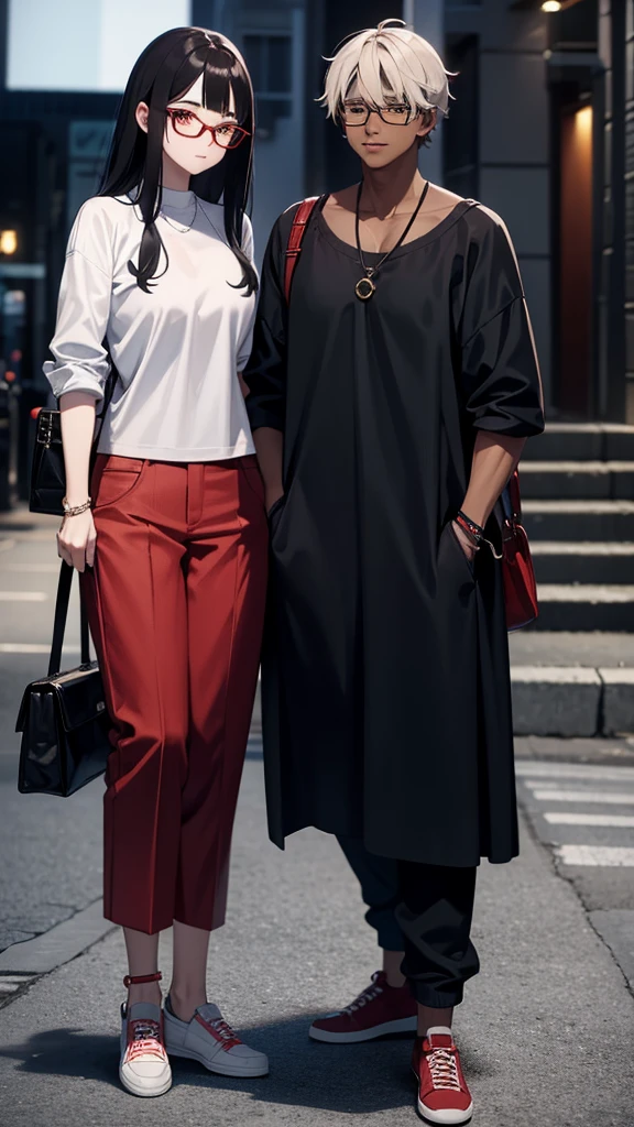with red over-the-shoulder Chanel hair who wears glasses and baggy clothes and a dark-skinned male friend who wears glasses, with casual clothes, They're together