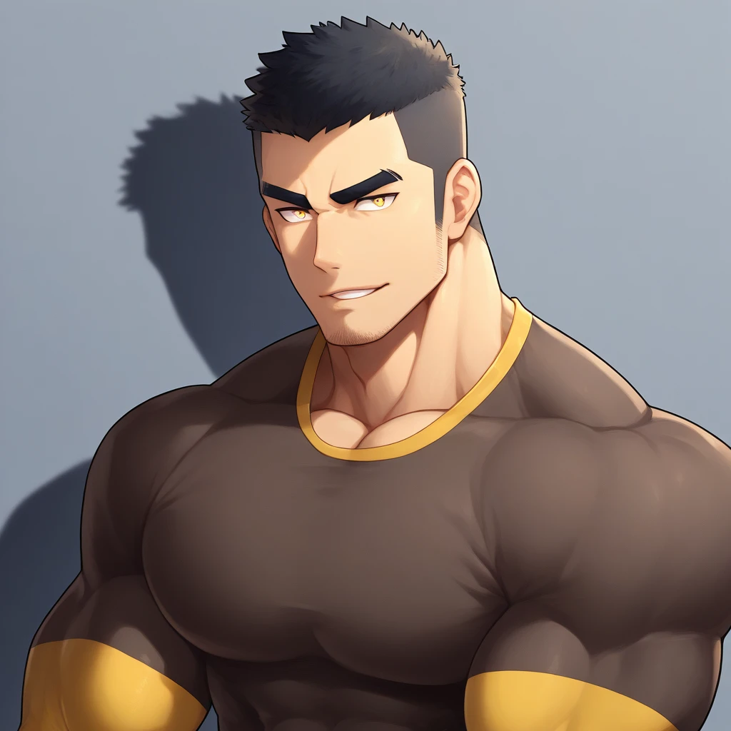 anime characters：Gyee, Muscle Sports Student, 1 muscular tough guy, Manliness, male focus, Light Yellow long sleeve tights, Very tight, The pectoral muscles are oversized, Slightly transparent, muscular male, muscular, only, Upper body, alone, Black short hair, Thick eyebrows, stubble, Yellow eyes, Grey background, simple background, amazing quality, best aesthetics, Ridiculous, bright pupils, crew cut, parted lips, seductive smile, torogao, naughty face, drop shadow, best quality