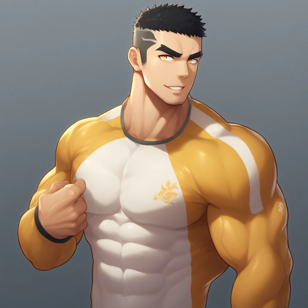 anime characters：Gyee, Muscle Sports Student, 1 muscular tough guy, Manliness, male focus, Light Yellow long sleeve tights, Very tight, The pectoral muscles are oversized, Slightly transparent, muscular male, muscular, only, Upper body, alone, Black short hair, Thick eyebrows, stubble, Yellow eyes, Grey background, simple background, amazing quality, best aesthetics, Ridiculous, bright pupils, crew cut, parted lips, seductive smile, torogao, naughty face, drop shadow, best quality