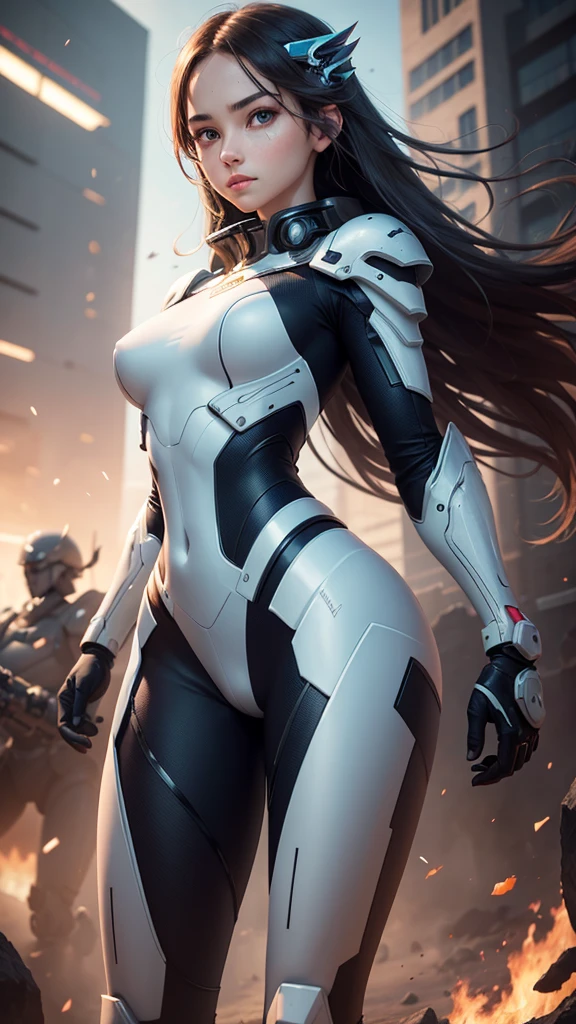 (Perfect Anatomy:1.4,Highest quality、超High resolution、High resolution、Highly detailed CG、8K Unit Wallpaper),((Biologically correct limb count))、(Symmetrical facial features))、Eyes with detailed description、Beautiful woman、Excellent style、(thin)、Facial detailing,masterpiece、Vibrant, Imaginary image of a girl in a mecha suit, ((Fly gracefully across the battlefield of the future)). The girl is full of energy, Bright colors contrast with muted hues, The mechanical beauty of the suit. The suit's vibrant colors and intricate details、Sophisticated, Mecha futuristic design.