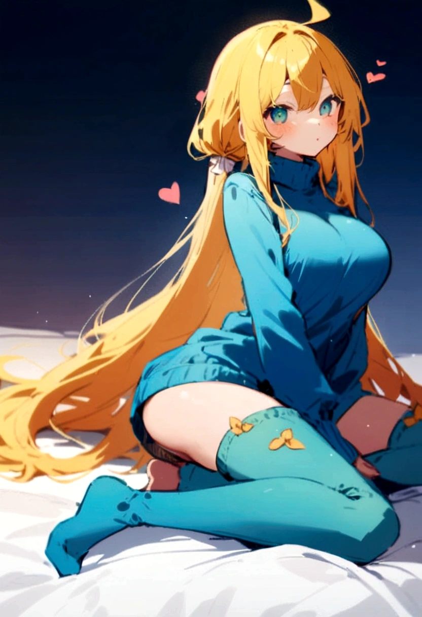 chicha with long yellow hair, with a blue sweater that reaches her thigh with a small heart-shaped hole, blue eyes, whole body, blue underwear, green large socks, with big tits, dark green
