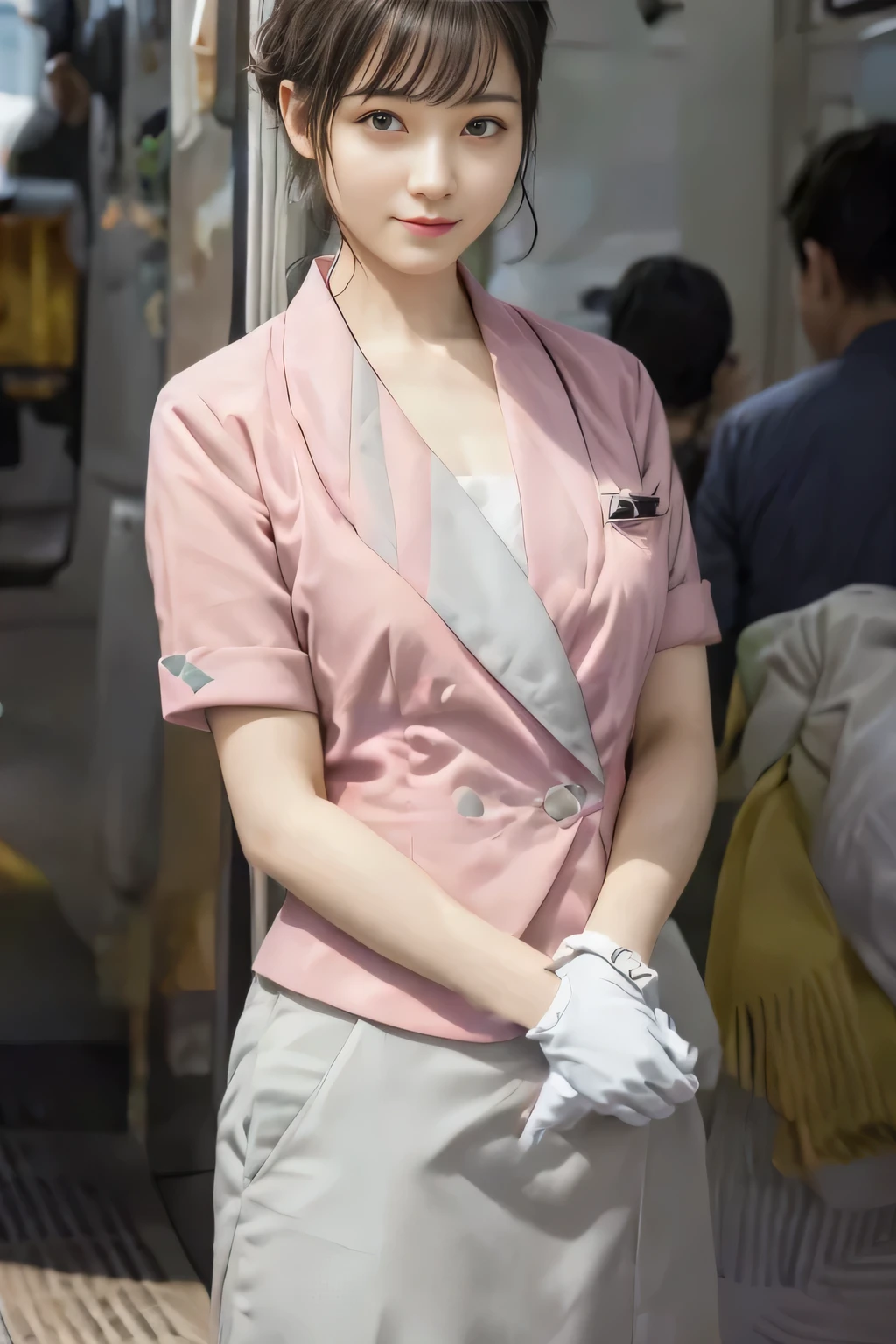 (masterpiece:1.2, Highest quality:1.2), 32k HDR, High resolution, (alone、1 girl)、 (Height: 160cm)、(On the rooftop of a building in the daytime、Professional Lighting)、Building rooftop background、(Nankai train crew uniform pinkを着たリアルスタイル)、(Nankai train crew uniform pink short sleeve collarless pink jacket、Nankai Train Crew Uniform Pink Collarless Short Sleeve Blouse、Nankai Train Crew Uniform Pink Grey Knee-length Culottes)、(The pink jacket is showing from the culottes.)、Dark brown hair、(Hair tied up、Hair tied up、Evening curly hairstyle)、Dark brown hair、Long Shot、Big Breasts、Thin legs、((Great hands:2.0)),((Harmonious body proportions:1.5)),((Normal limbs:2.0)),((Normal finger:2.0)),((Delicate eyes:2.0)),((Normal eyes:2.0)))、smile、(Nankai Train Crew Uniform Pink Grey Knee-length Culottesを見せた美しい歩く姿)、Place your hands around your stomach、Lanyard employee ID card
