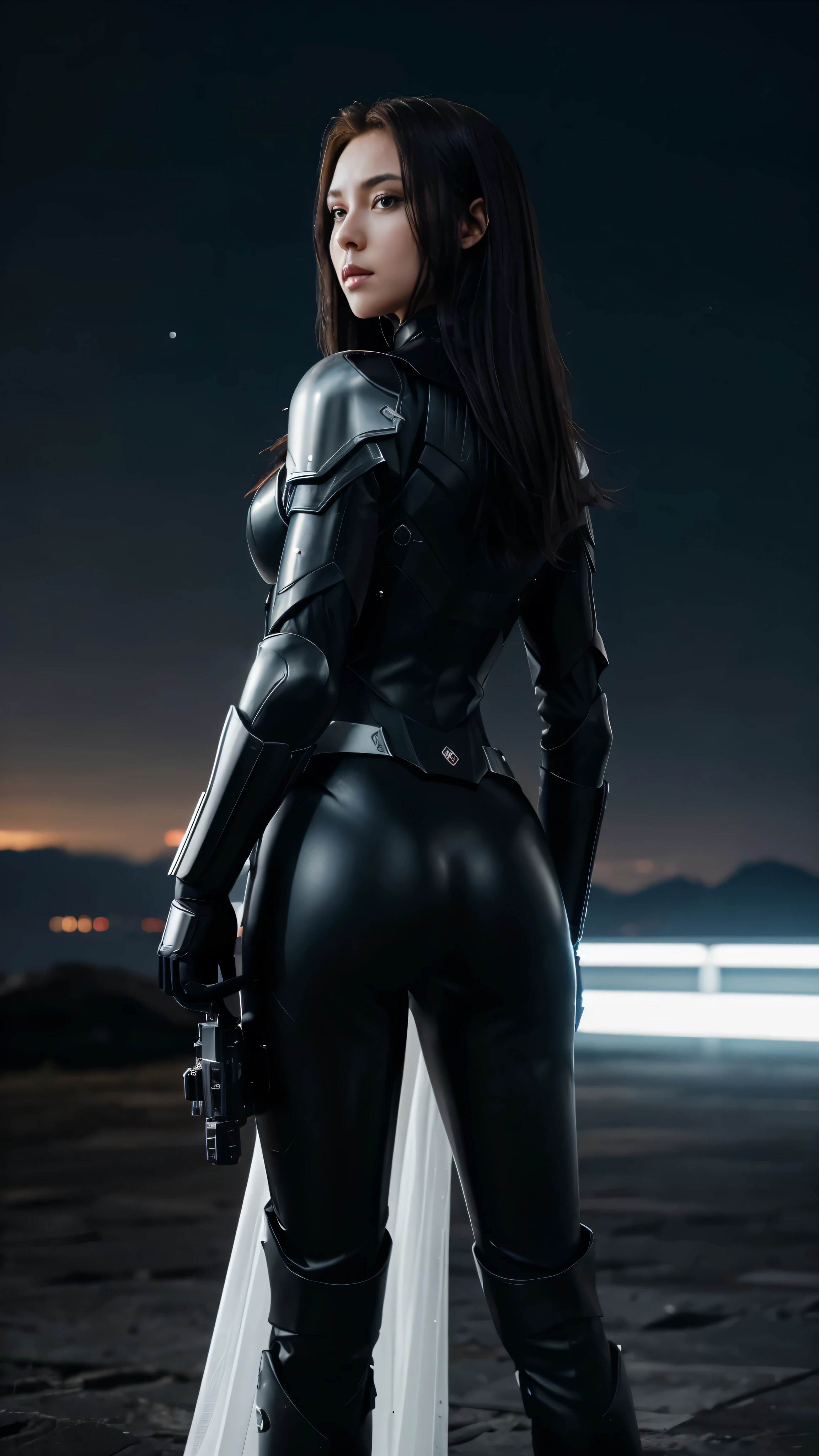 with high definition images,Black Widow in a shiny white armored suit、A masterpiece of high definition footage of a woman standing alone against the romantic background of the starry sky。A heroic cloak billows behind her、Creates a sense of solitude in a dreamlike atmosphere。This image was shot in 4K with HDR technology.、Capturing the idealism of the evening、High contrast and sharp focus、It highlights her suit of armor and the large machine gun she wields.。Her black hair hangs down her back。Perfect proportions and high quality images、It's truly breathtakingly beautiful.