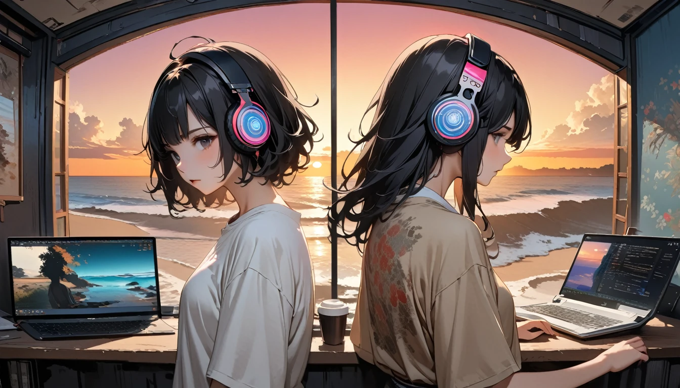 ((8k of extremely detailed CG unit, Masterpiece, high resolution, highest quality, highest quality real texture skin)), (((shoot from behind))), (wearing Japanese pattern headphones), ((1 girl)), ((Calm café)), ((Computer operation)), ((Sunset beach from the big window)), (Japanese pattern Tシャツ), (Black hair, messy hair, beige skin), (surreal, digital painting)