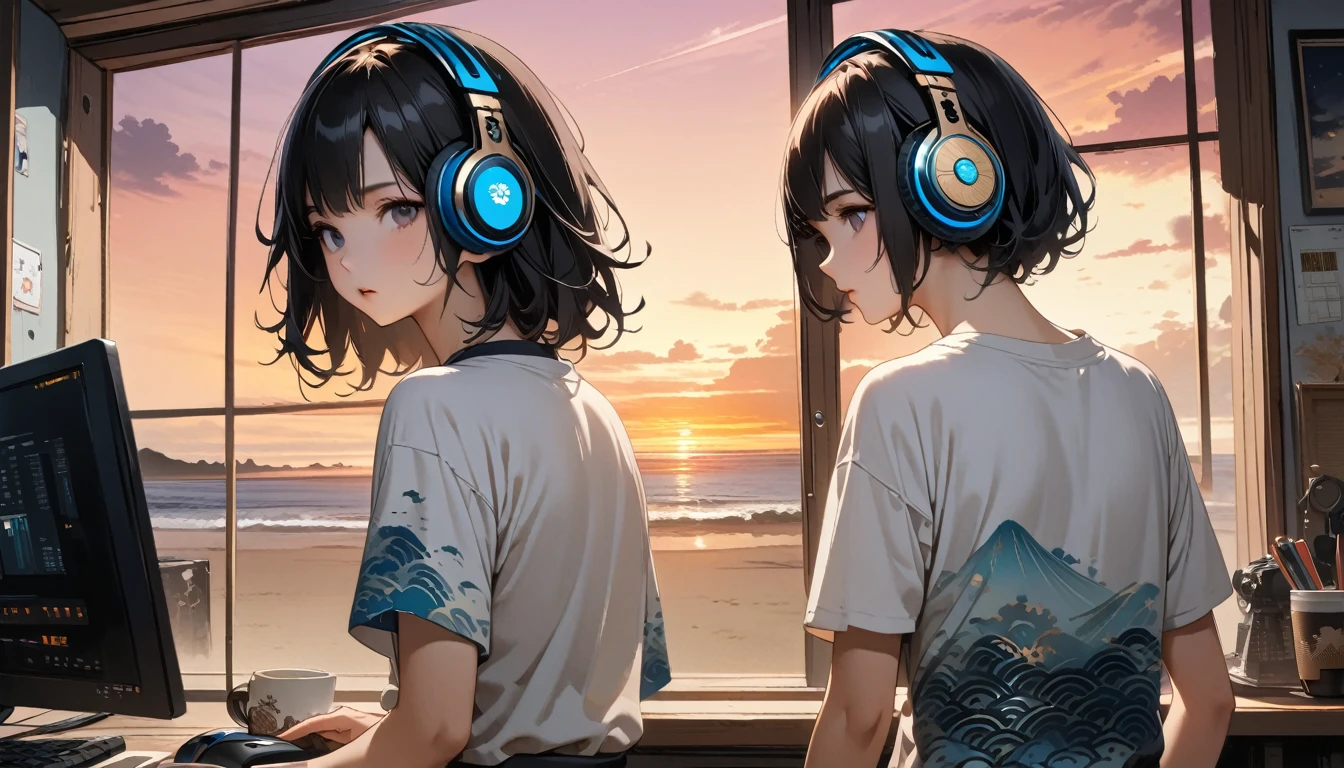 ((8k of extremely detailed CG unit, Masterpiece, high resolution, highest quality, highest quality real texture skin)), (((shoot from behind))), (wearing Japanese pattern headphones), ((1 girl)), ((Calm café)), ((Computer operation)), ((Sunset beach from the big window)), (Japanese pattern Tシャツ), (Black hair, messy hair, beige skin), (surreal, digital painting)