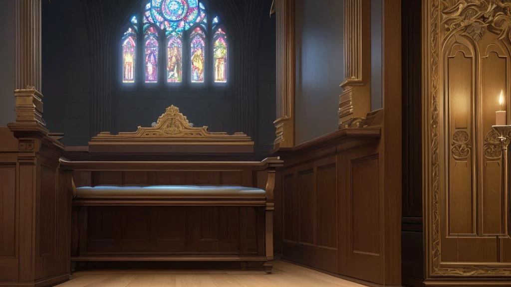 A confessional booth, catholic church interior, stained glass windows, religious candles, ornate wooden furniture, dramatic lighting, cinematic atmosphere, dramatic shadows, religious iconography, muted color palette, moody and atmospheric, intricate details, photorealistic, (best quality,4k,8k,highres,masterpiece:1.2),ultra-detailed,(realistic,photorealistic,photo-realistic:1.37)