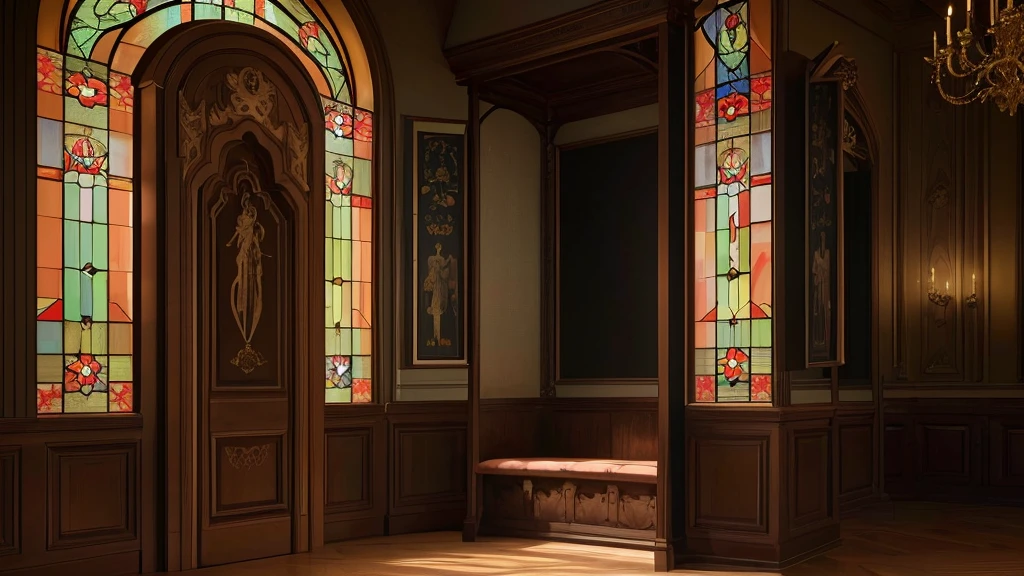 A confessional booth, catholic church interior, stained glass windows, religious candles, ornate wooden furniture, dramatic lighting, cinematic atmosphere, dramatic shadows, religious iconography, muted color palette, moody and atmospheric, intricate details, photorealistic, (best quality,4k,8k,highres,masterpiece:1.2),ultra-detailed,(realistic,photorealistic,photo-realistic:1.37)