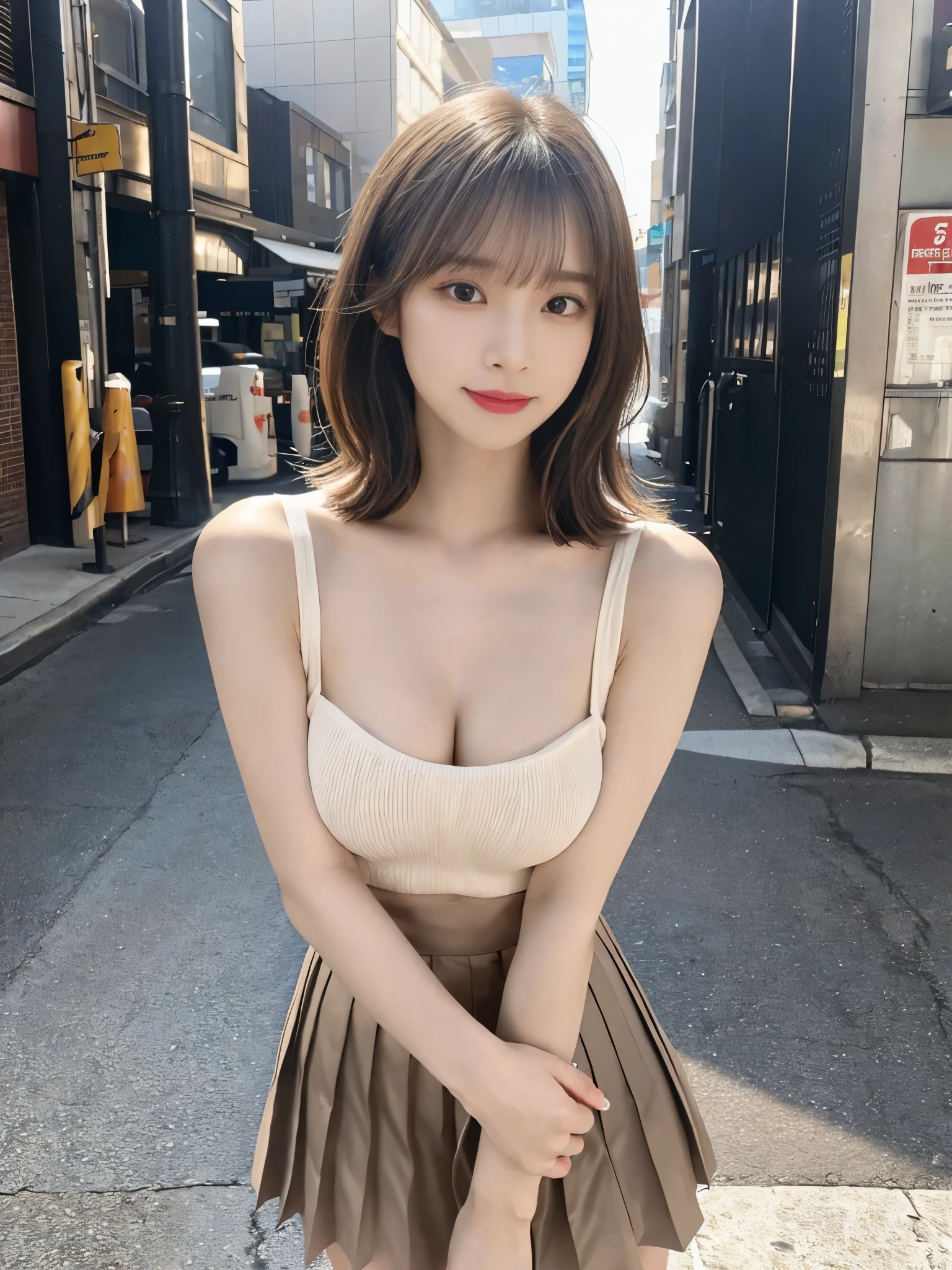 (Detailed skin:1.2),(Shiny skin:1.1),8K,Highest quality, masterpiece, Ultra-high resolution,(Realistic:1.4), RAW Photos,(Soft saturation:1.3),(Fair skin:1.2),Japanese Idols,repair,20 years, Brown Hair, (Short Hairstyles:1.2), Asymmetrical Hair, Asymmetrical bangs
(Pretty face:1.4), (Big Breasts, Tight waist), Beautiful lighting, Small Head,
(Mini Pleated Skirt:1.2,), camisole,Highly detailed face, Highly detailed lips, fine grain, double eyelid,, Full Body Shot, Browsing Caution, Sharp focus: 1.2, Beautiful woman with perfect figure: 1.2、Random Pause,Accentuate the lines of your legs、smile、