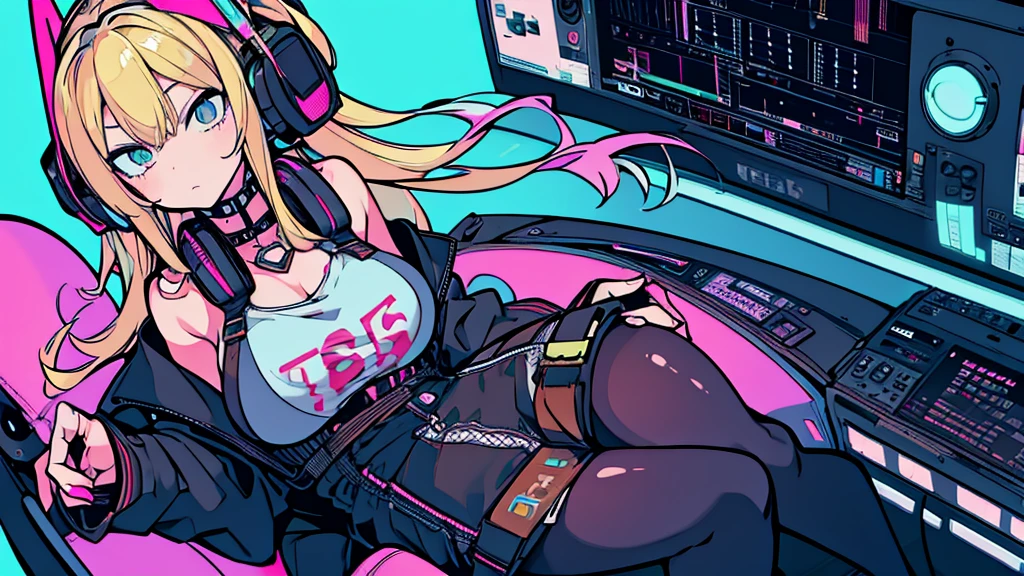 Best quality, (masterpiece:1.2), best detail face, 1 girl, big breasts, 18 yo, 8k,absurdres,unity 8k wall paper,(extremely detailed:1.3), highest realistic, (simple headphones:1.1), (soft neon light:1.1), (floating hair:1.2), (psychedelic:1.2), Her room full of music equipment and plants, Leaning back on the chair with a casual attitude, Light clothing in summer, blonde hair