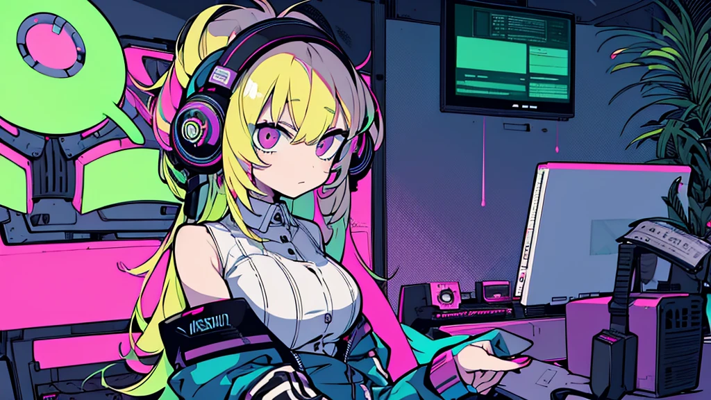 Best quality, (masterpiece:1.2), best detail face, 1 girl, big breasts, 18 yo, 8k,absurdres,unity 8k wall paper,(extremely detailed:1.3), highest realistic, (simple headphones:1.1), (soft neon light:1.1), (floating hair:1.2), (psychedelic:1.2), Her room full of music equipment and plants, Leaning back on the chair with a casual attitude, Light clothing in summer, blonde hair
