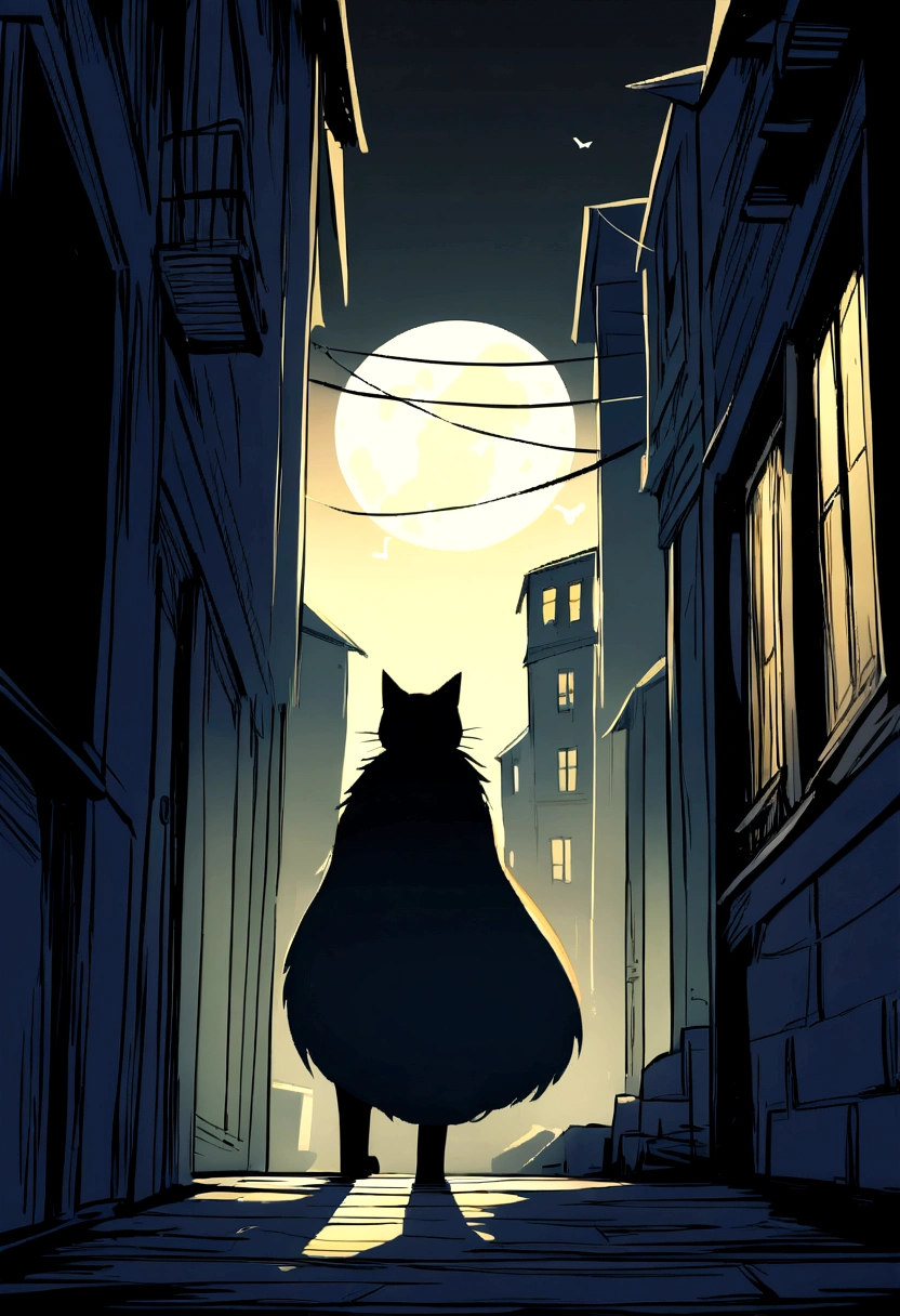 A surprised cat with wide eyes and raised fur, standing alert in a dark alley under the light of a full moon. The background shows a mysterious town with shadows cast by old buildings. Small, sketchy lines and musical notes in the air suggest the sound of suspicious footsteps.
---
Style: Cartoon, with a dramatic use of shadows and lighting
Details: Focus on the cat's expressive surprise and the eerie ambiance of the moonlit alley. Use cool, dark colors to enhance the sense of mystery and suspense.
