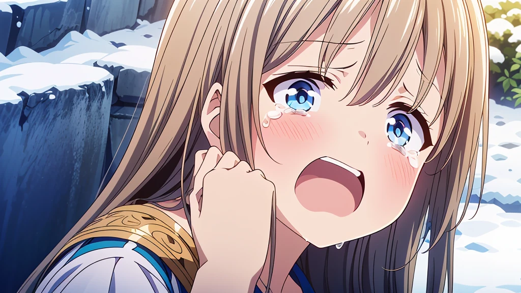 1girl,(((Highest quality、Masterpiece、Official Art、The best dynamic composition、HD、Super detailed)))、overhead shot, upper body, snow mountain, concept art, shedding tears、He kneels on the ground, looking up at the sky with a sad expression on his face.、Shouting with a big mouth、Gray and blue gradation hair、