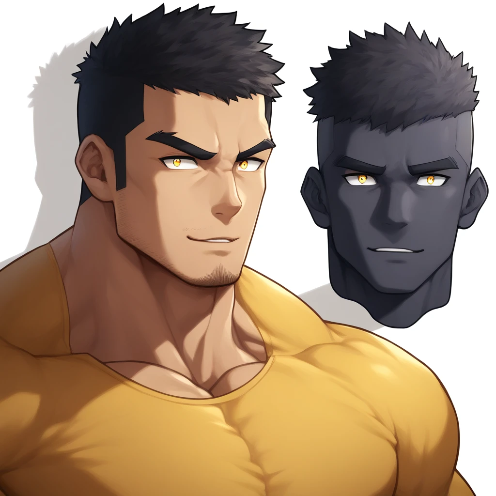anime characters:Gyee, Muscle Sports Student, negro black skin, 1 muscular tough guy, Manliness, male focus, Light Yellow long sleeve tights, Very tight, The pectoral muscles are oversized, Slightly transparent, muscular male, muscular, only, Upper body, alone, Black short hair, Thick eyebrows, stubble, Yellow eyes, White background, simple background, amazing quality, best aesthetics, Ridiculous, bright pupils, crew cut, parted lips, seductive smile, torogao, naughty face, drop shadow, best quality