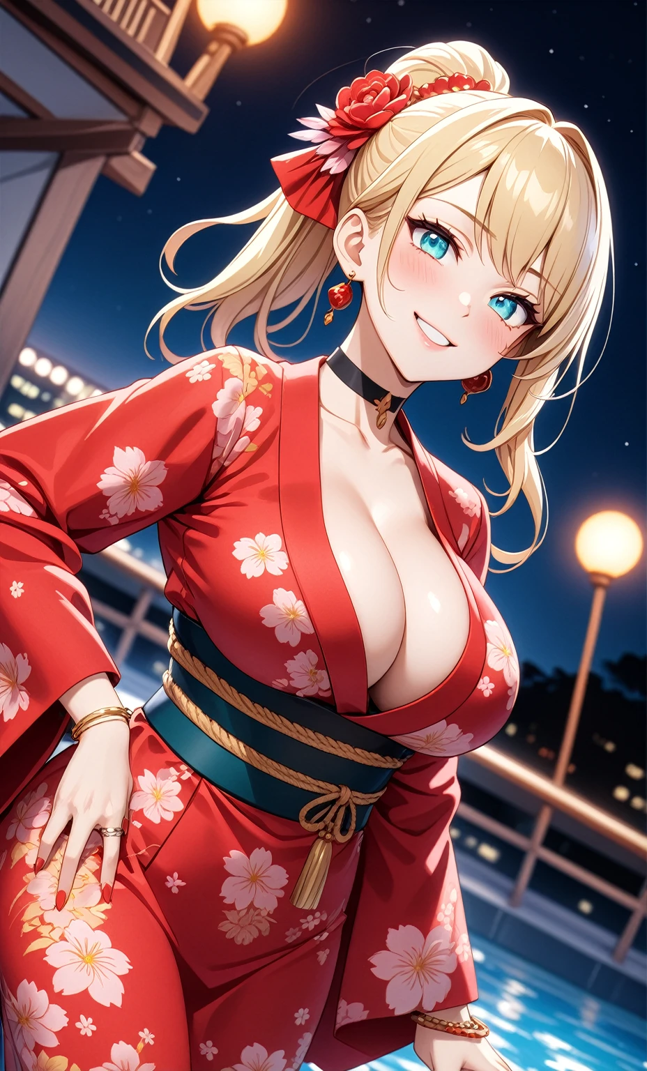 ((One personの女性)), Beautiful Face, ((smirk)),((Wink:1.9)), head tilt, Laugh with your mouth wide open,((Bright red cheeks:1.4)),Shiny red lips,night,rooftop,You can see the ocean, firework,Laughing with your mouth open,Glossy pink lips,Facial lighting,((Anime style background)),masterpiece, Highest quality, so beautiful,up to date, Complex details, (Pink long nails),(ring),(bracelet),(choker),AI-generated, Complex,High resolution, Highest quality, super high quality,3D Images、3D Images,One person,Long blonde hair,High Ponytail,(turquoise blue eyes),Anime woman posing for a photo, ((Fine grain、Colorful eyes、Shining Eyes:1.3)),(Squint your eyes:1.1),a hyperRealistic , hyperRealistic , Realistic,Anime woman with long white hair, Smooth anime CG art, A woman in a colorful kimono with gold embroidery, (Pink long sleeve kimono),Red floral pattern,Long flower hair ornament,Earrings,Mature Body,(Big Breasts:1.1),Tall,Abdominal muscles,Tight waist,(Zoom up to face:1.6),(dutch angle),