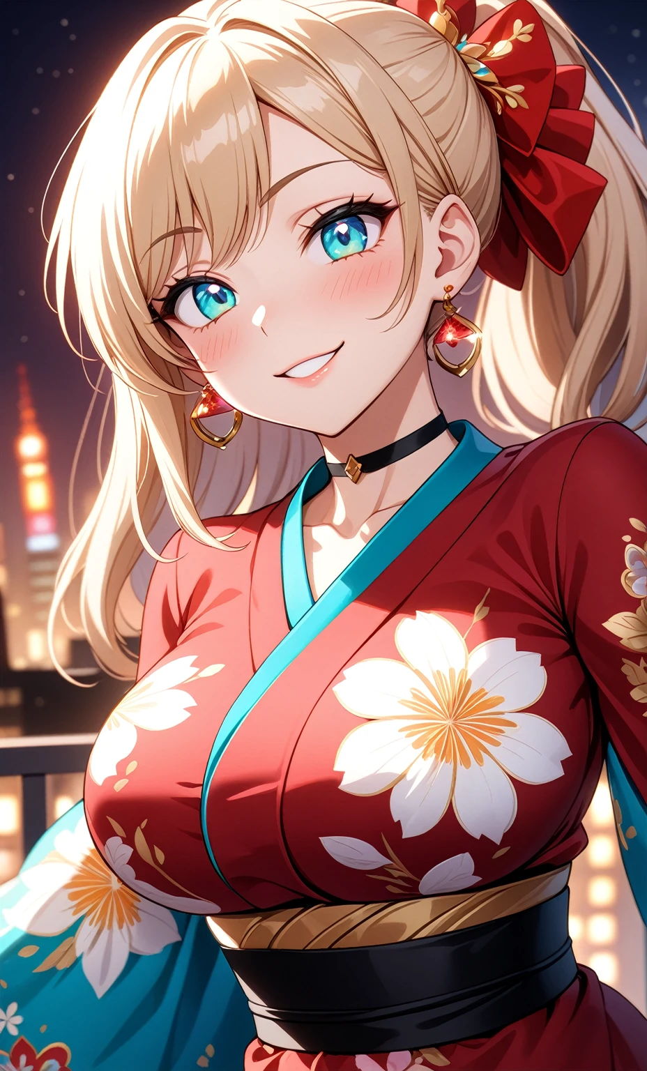 ((One personの女性)), Beautiful Face, ((smirk)),((Wink:1.9)), head tilt, Laugh with your mouth wide open,((Bright red cheeks:1.4)),Shiny red lips,night,rooftop,You can see the ocean, firework,Laughing with your mouth open,Glossy pink lips,Facial lighting,((Anime style background)),masterpiece, Highest quality, so beautiful,up to date, Complex details, (Pink long nails),(ring),(bracelet),(choker),AI-generated, Complex,High resolution, Highest quality, super high quality,3D Images、3D Images,One person,Long blonde hair,High Ponytail,(turquoise blue eyes),Anime woman posing for a photo, ((Fine grain、Colorful eyes、Shining Eyes:1.3)),(Squint your eyes:1.1),a hyperRealistic , hyperRealistic , Realistic,Anime woman with long white hair, Smooth anime CG art, A woman in a colorful kimono with gold embroidery, (Pink long sleeve kimono),Red floral pattern,Long flower hair ornament,Earrings,Mature Body,(Big Breasts:1.1),Tall,Abdominal muscles,Tight waist,(Zoom up to face:1.6),(dutch angle),