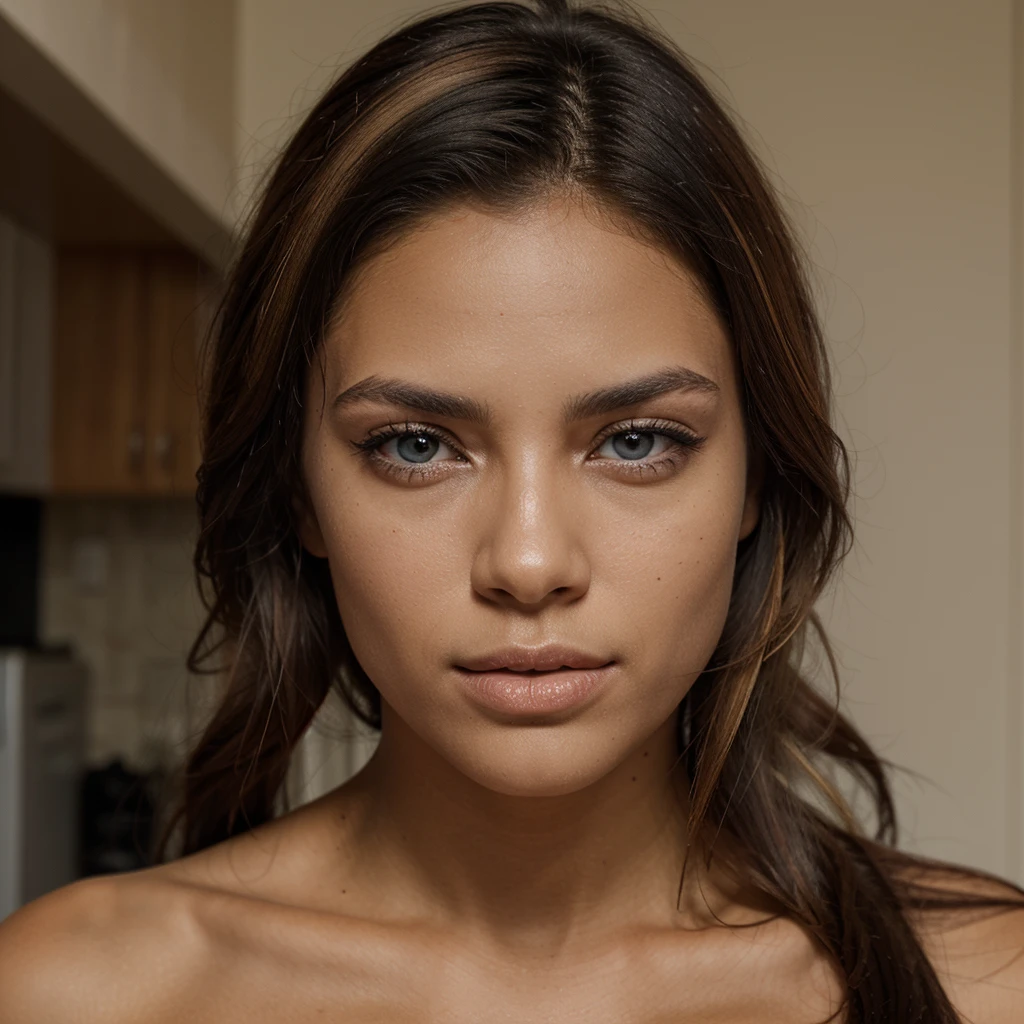 Yeux bleus clairs, hair with colored highlights, slightly dark skin, South American origins, tanned