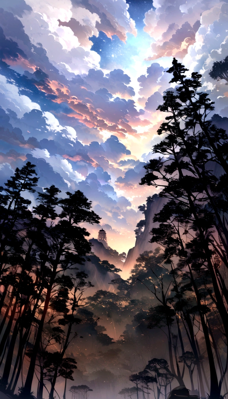 there is a road that has a sign on the side of it, looking up to the sky, intricate sky, visible sky and humid atmosphere, looking up onto the sky, with clouds in the sky, sky in the background, looking up into the sky, strange trees and clouds, sky in background, nature and clouds in background, with branches reaching the sky buddha image made up of clouds