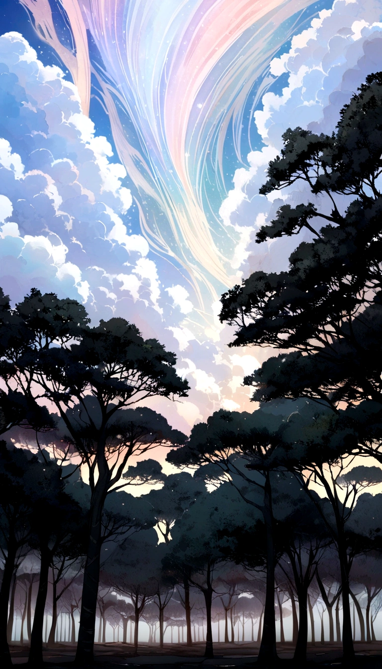 there is a road that has a sign on the side of it, looking up to the sky, intricate sky, visible sky and humid atmosphere, looking up onto the sky, with clouds in the sky, sky in the background, looking up into the sky, strange trees and clouds, sky in background, nature and clouds in background, with branches reaching the sky buddha image made up of clouds 
