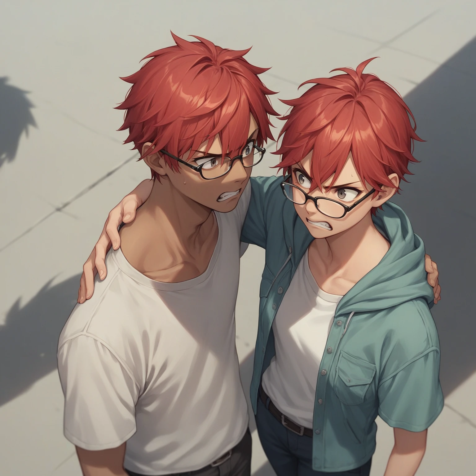 score_9, score_8_up, score_7_up, score_6_up, score_5_up, score_4_up, BREAK source_anime, 1girl, clothed, Red hair above the shoulder, glasses, angry, 1boy, Boy with dark skin, wearing casual clothes
