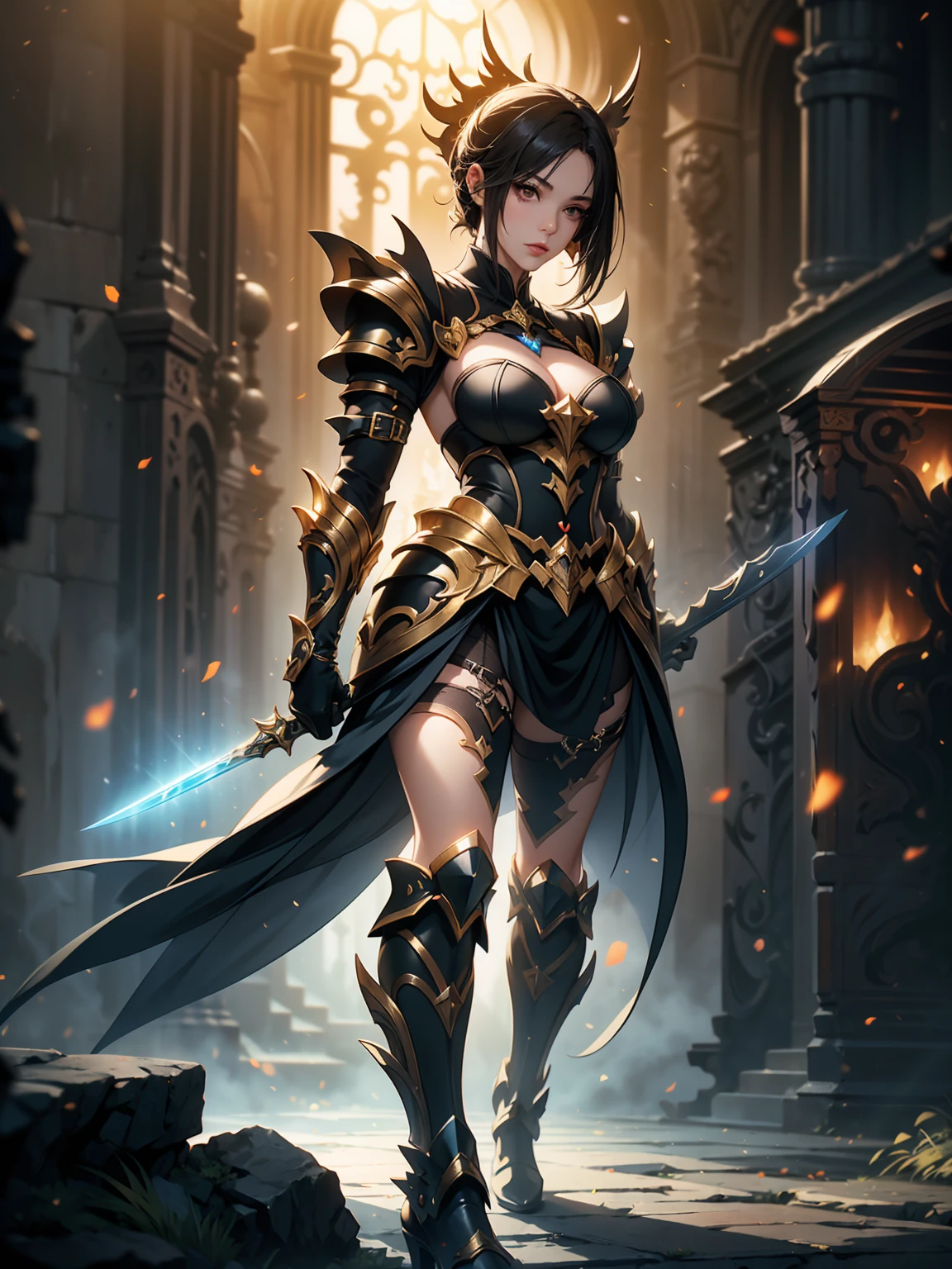 A dark and cursed female game character, wearing ornate black and gold armor, wielding a cursed blade, with dark vambraces and cursed boots, in a gloomy, atmospheric lighting, full body shot, (best quality,4k,8k,highres,masterpiece:1.2),ultra-detailed,(realistic,photorealistic,photo-realistic:1.37),HDR,UHD,studio lighting,ultra-fine painting,sharp focus,physically-based rendering,extreme detail description,professional,vivid colors,bokeh,dark fantasy,concept art
