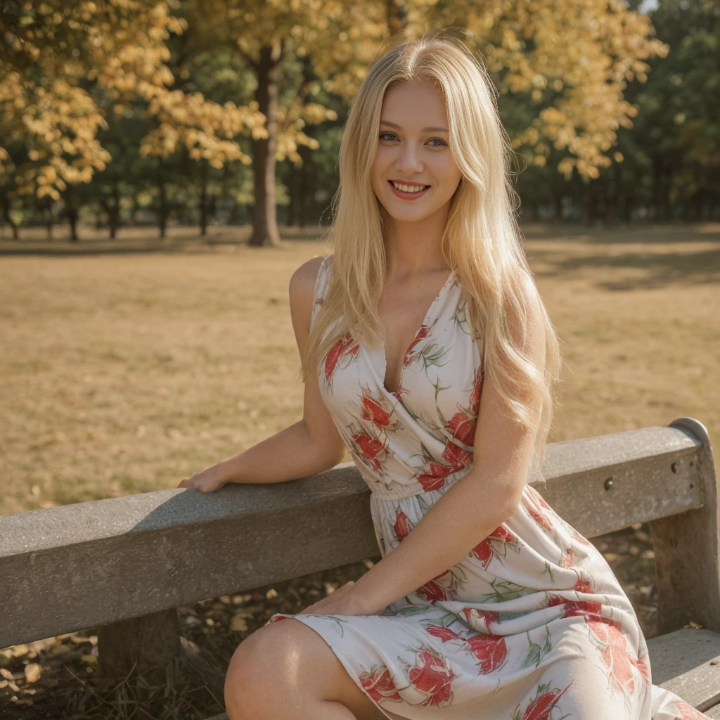 "A photorealistic picture of a beautiful 25-year-old American girl with long, medium size bust,tiny attractive nose, flowing blonde hair and striking blue eyes with wearing red shirt and jeans. She should have a natural, approachable expression and be illuminated by soft.Instagram photo. She is in the park, her hands are not captured in the photo, Capture this image with a high-resolution photograph.