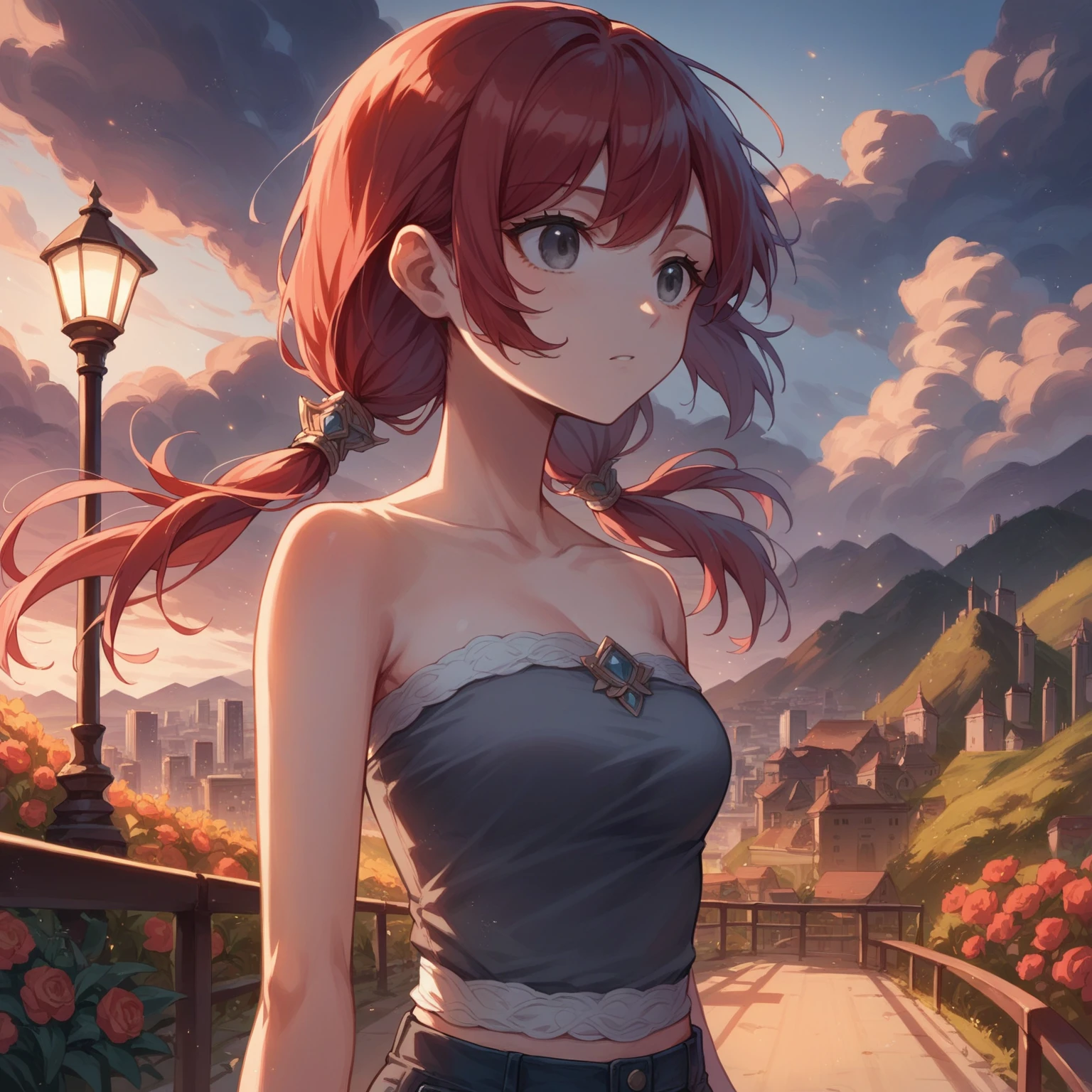 Highest Quality, masterpiece, light particles, gray eyes, red hair in low twin tails, swept bangs, stoic, looking at flowers, strapless gray top with white trim, black jeans, hillside, dusk, city in background, anime