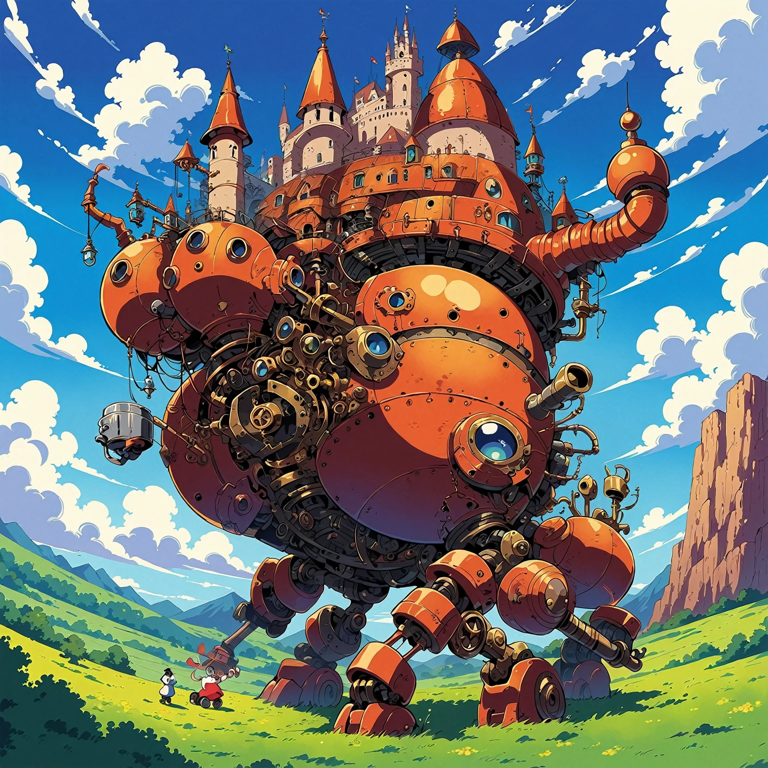 (a picture of moving castle, stempunk castle, castle with legs:1.2), (mechanical legs:1.4), (steampunk, rust,  mechanisms:1.1), (smoke, smoking pipe:1.2), landscape, field, 2d, anime, beautiful view, bloom, blue sky, beautiful clouds, depth of field, masterpiece, aesthetic, illustration, anime, amazing composition, (side view:1.2),  wide angle, concept art,  (sharp image, 1990s anime, ghibli:1.15), 