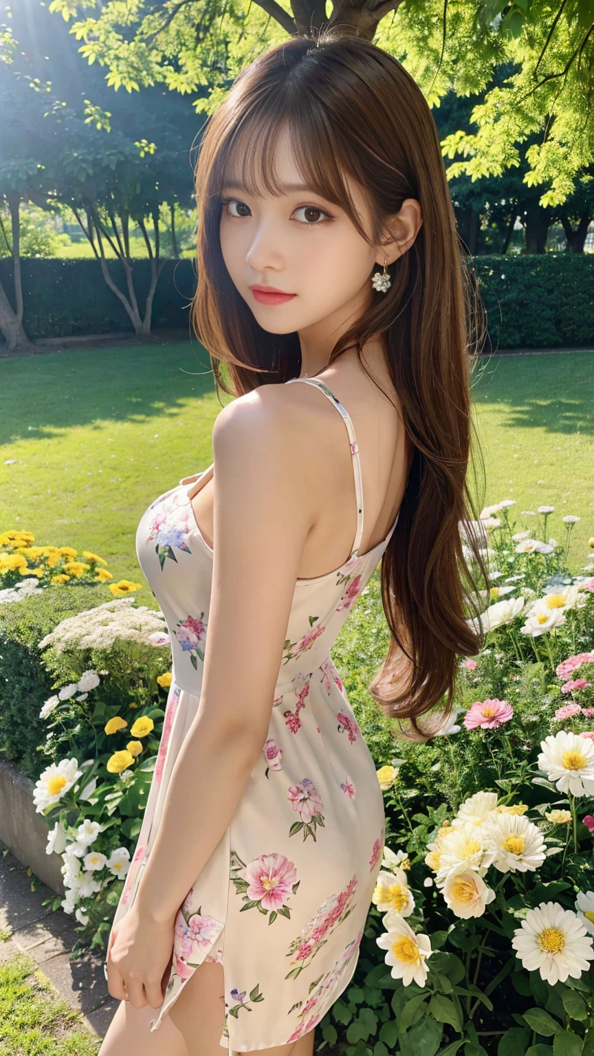 masterpiece，Highest quality，Photorealistic，Ultra high definition，Ultra-high resolution，Detailed Images，Full body of a cute girl standing in a park with lots of flowers，A revealing, sexy mini dress，Dress with side slit，Perfect proportions，Perfect body，double eyelid，Long eyelashes，Detailed eyes，Half Up Hair，Light Brown Hair，Look here，