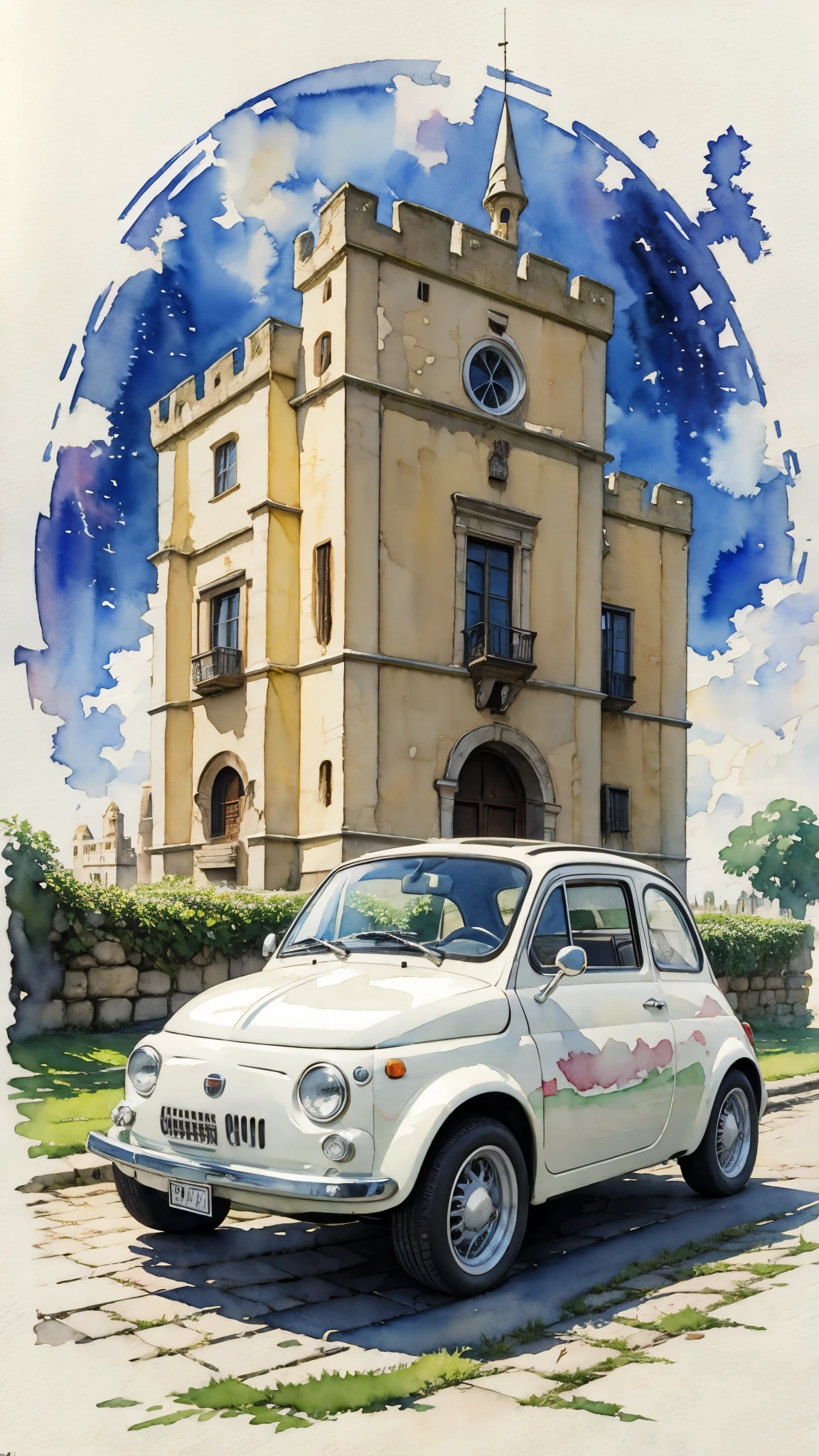 (masterpiece:1.2, Highest quality),(Very detailed),(((watercolor))),8K,wallpaper,Cream-colored Fiat 500,Castle of Cagliostro,Night Sky,(((Ghibli style))),透明watercolor