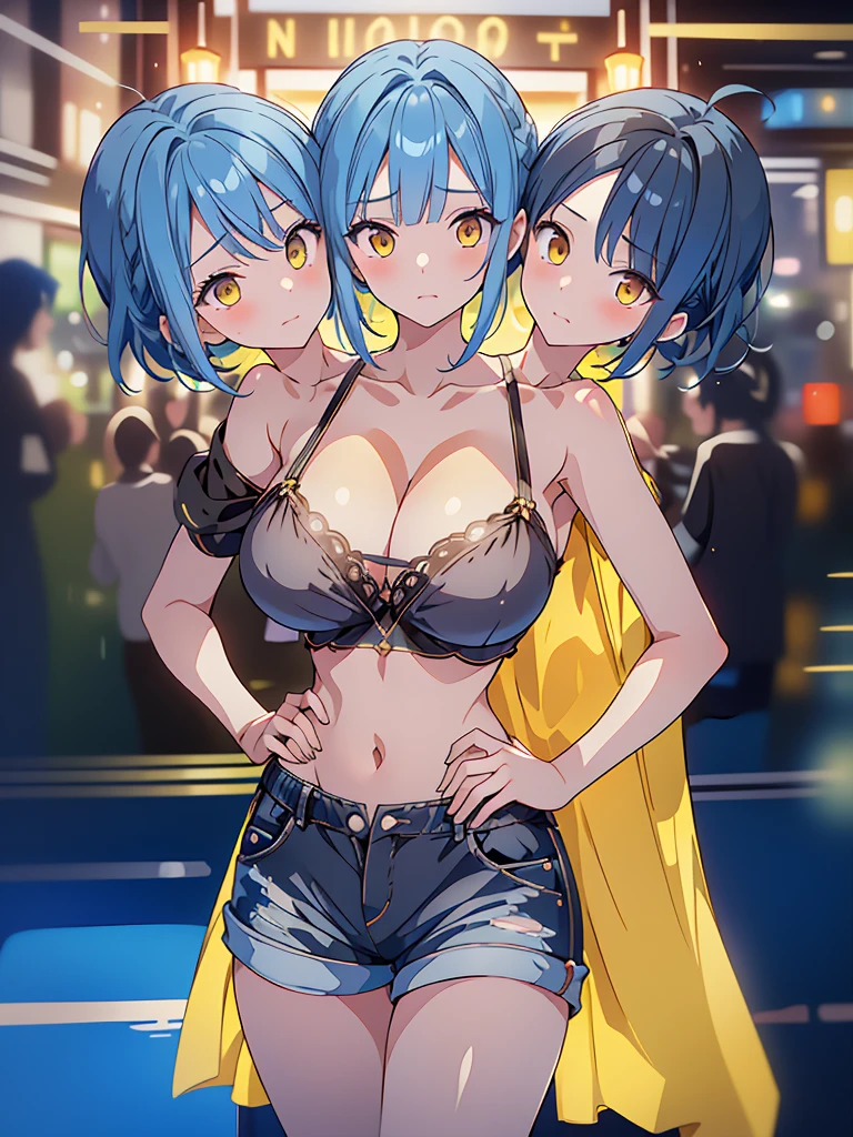 (masterpiece, best quality), best resolution, Edward, (3heads:1.5), 1girl, blue hair, yellow eyes, impatient, cropped black t-shirt, gray shorts, hands on hips, waiting outside a movie theater, open , huge tits,