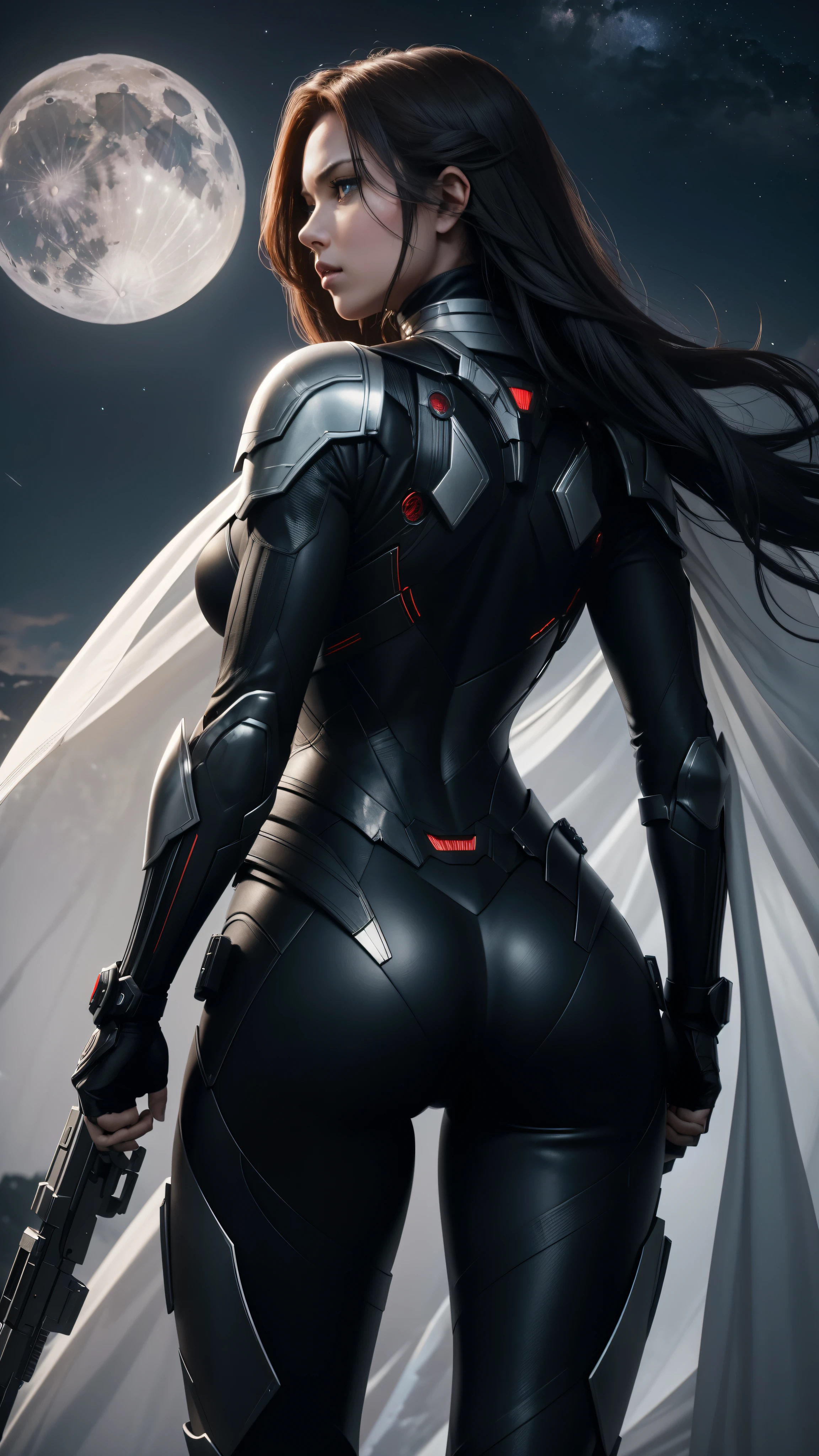 A captivating visual masterpiece of Black Widow, adorned in a radiant white armored suit that gleams under the moon's soft light. She stands solitarily against the backdrop of a romantic star-studded sky, with her heroic cloak billowing behind her, creating a dreamlike atmosphere that exudes an aura of idealism.

This high-definition image was meticulously crafted using 4K technology and HDR for striking contrast and sharp focus, ensuring that every detail of her armor, the machine gun she wields, and her meticulously sculpted physique are vividly showcased. Her black hair cascades down her back, accent