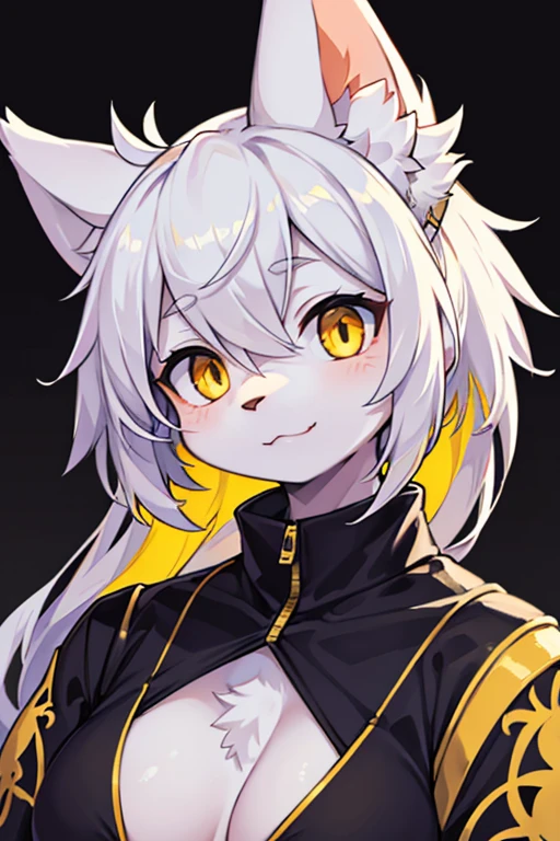 the debt, furry, White fur, face very close to the viewer, beautiful yellow eyes, very pretty face, Very detailed, beautiful lights, dark background