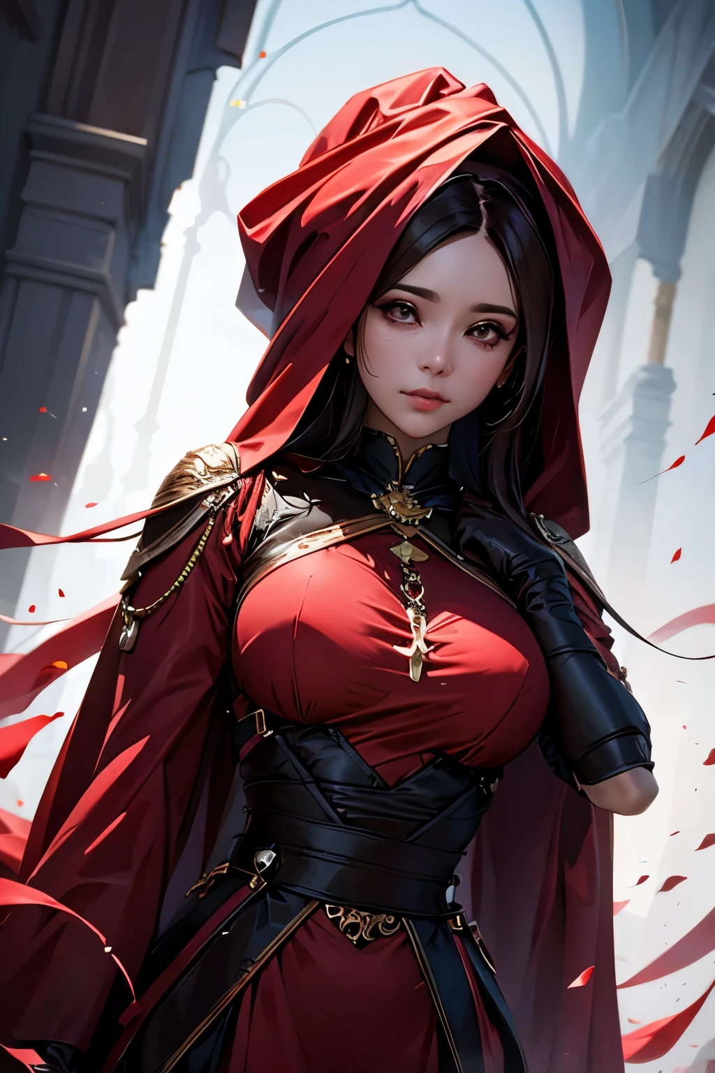 a chubby elegant woman in a red veil covering her eyes, fingers on her lips, long red nails, black background, photo-realistic, high quality, intricate details, oil painting, dramatic lighting, muted colors, mysterious atmosphere