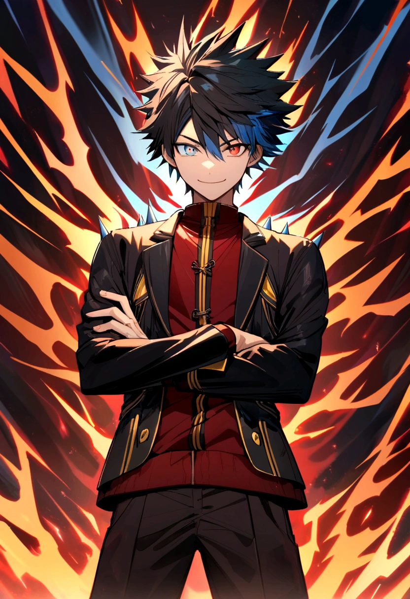 Teenage boy, crossed arms, big spiky black hair with blue highlights, dark blue and brown heterochromatic eye, smile of excitement, dark red shirt with wing details, black jacket with light blue details, black pants with yellow details, red sneakers with blue details, lot of details, aura of lightning across the body